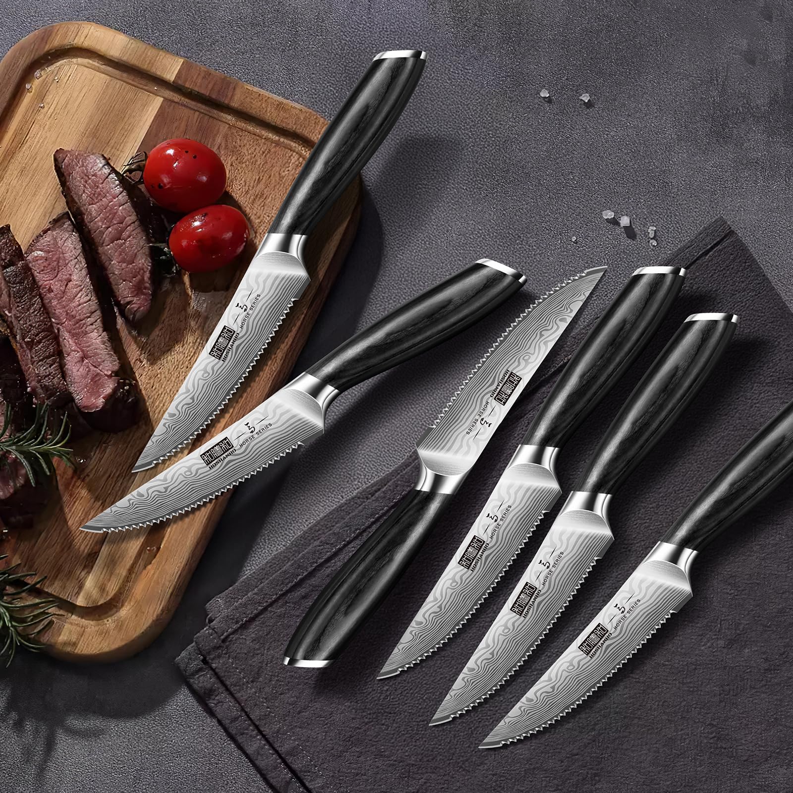 HOSHANHO Steak Knives Set of 6, 4.5 Inch Japanese Serrated Steak Knife Set, Ultra Sharp High Carbon Powder Steel Steak Knife with Pakkawood Handle