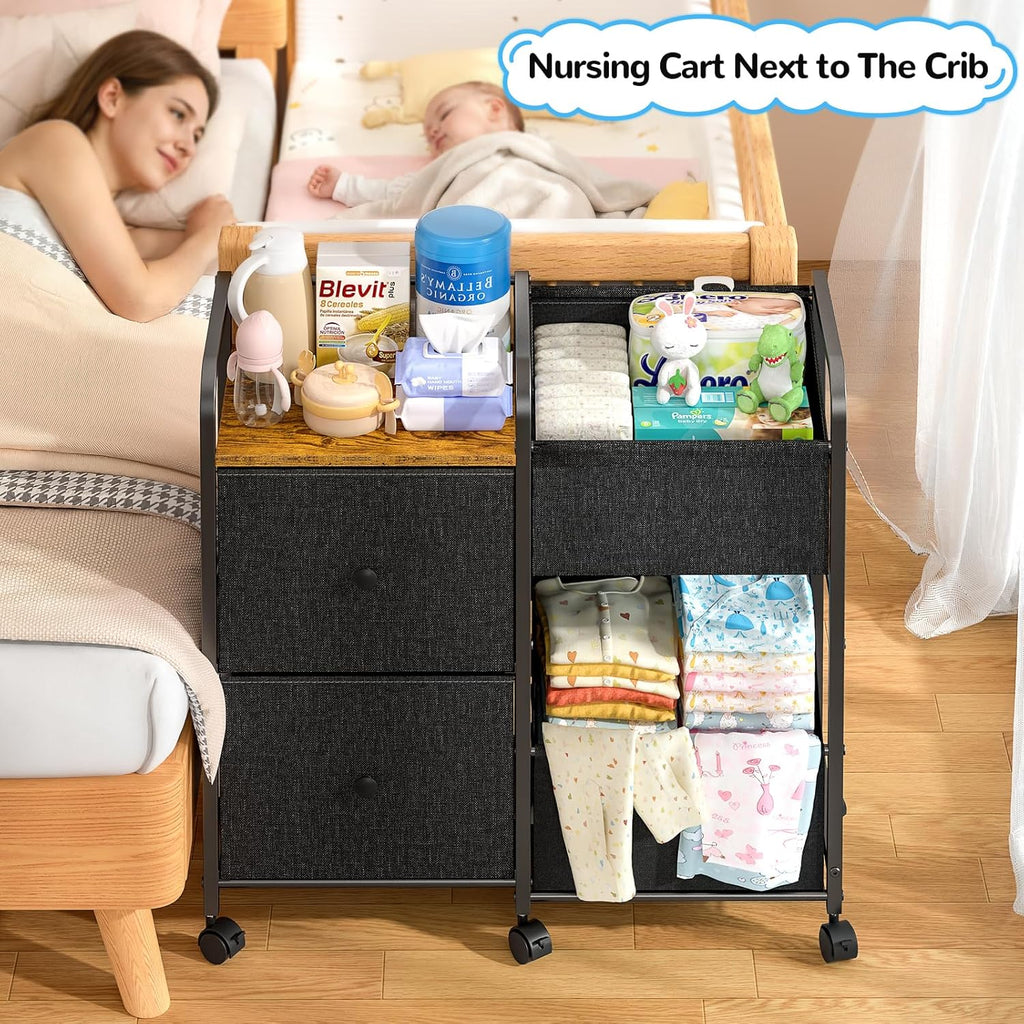 Baby Diaper Caddy Organizer Cart with Wheels, Rolling Cart with Dividers and Drawers, Mobile Utility Cart Bedside for Nursery, Bedroom, Baby Newborn Essentials Storage Cart, Black