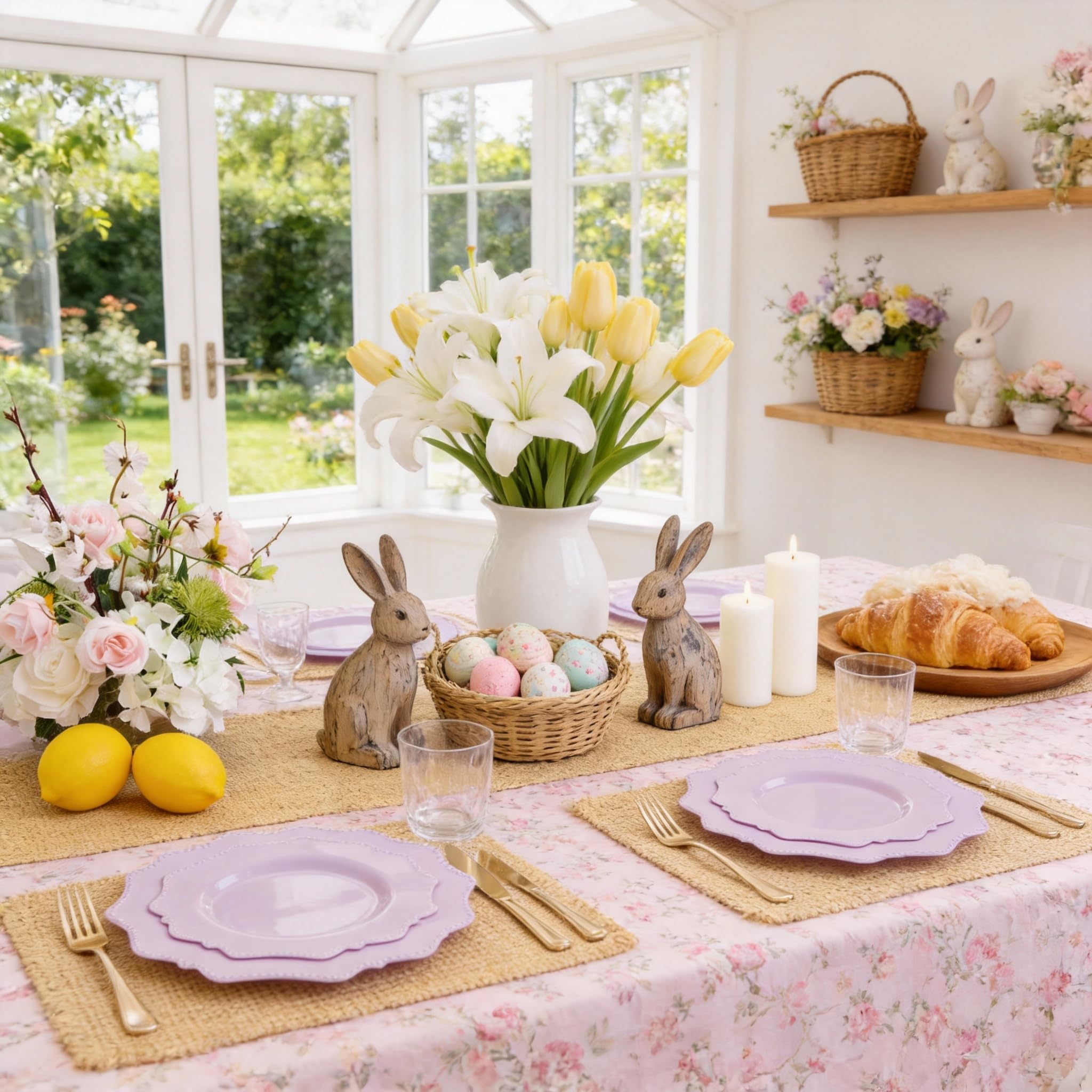 COLOSUS 60PCS White Plastic Plates for 30 guests-Fancy Plastic Beaded Plates,Plastic Plates for Party, Elegant White plates,Include 30 PCS 10.5" Dinner plates & 30PCS 8.25" Dessert plates for easter