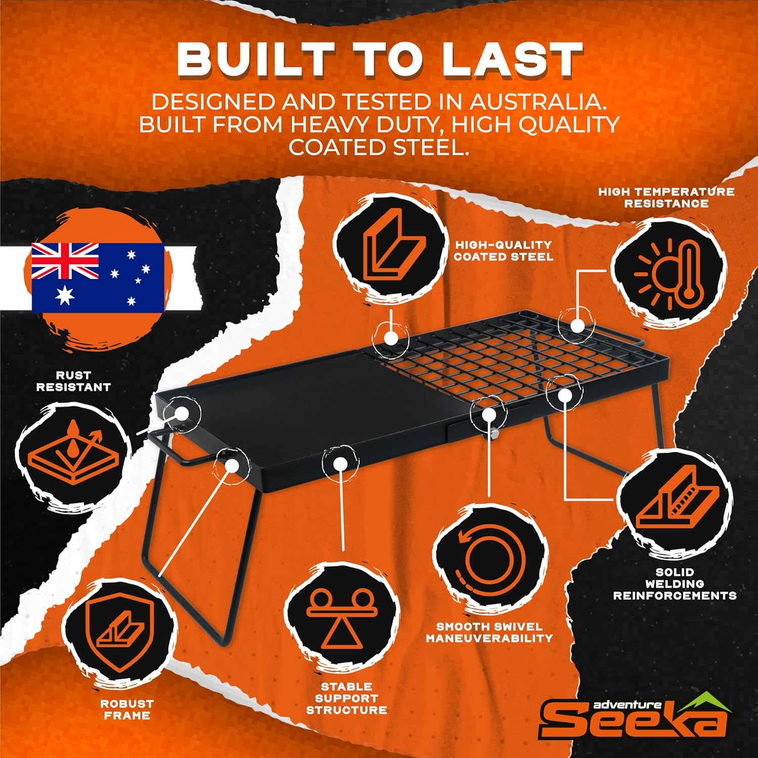 Adventure Seeka 24" Heavy Duty Folding Campfire Grill, Food-Safe Cooking Surface, Compact Folding Design, Portable Grill Grate & Griddle for Campfire Cooking, Australian Designed & Owned