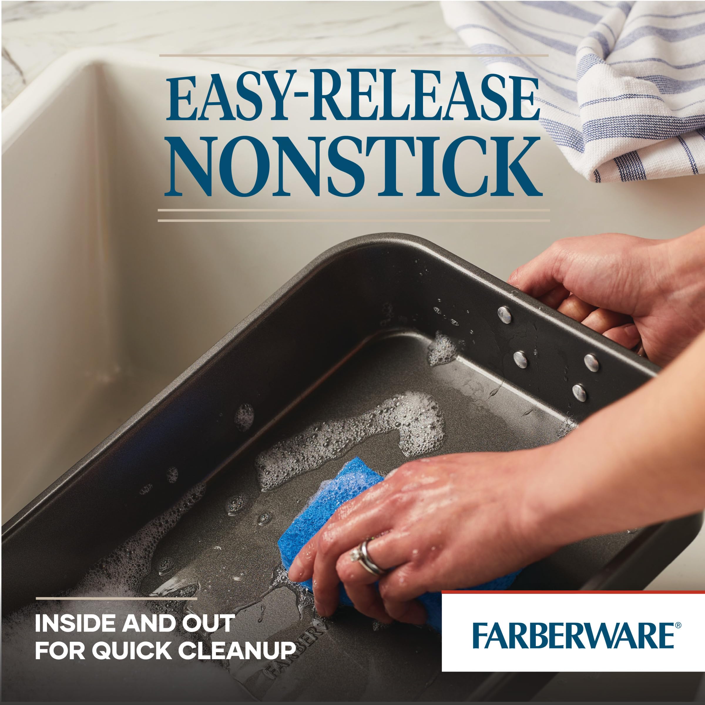 Farberware Bakeware Nonstick Steel Roaster with Flat Rack, 11-Inch x 15-Inch, Gray