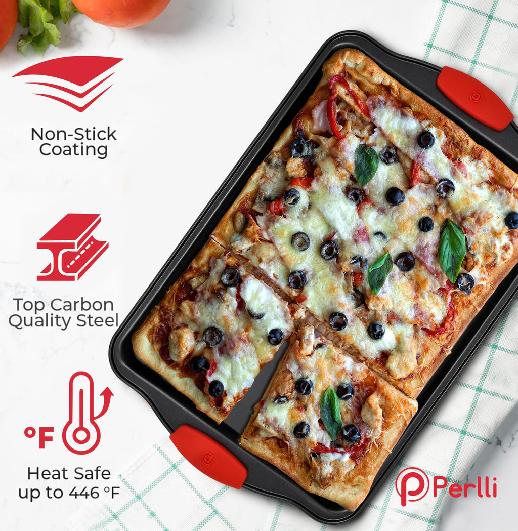 PERLLI Non-Stick 6-Piece Baking Pan Set, BPA-Free Carbon Steel Bakeware Set with Silicone Handles, Stackable Kitchen Oven Set, Cookie Sheet, Baking Tray, Baking Sheet Set, Oven Safe (446°F)