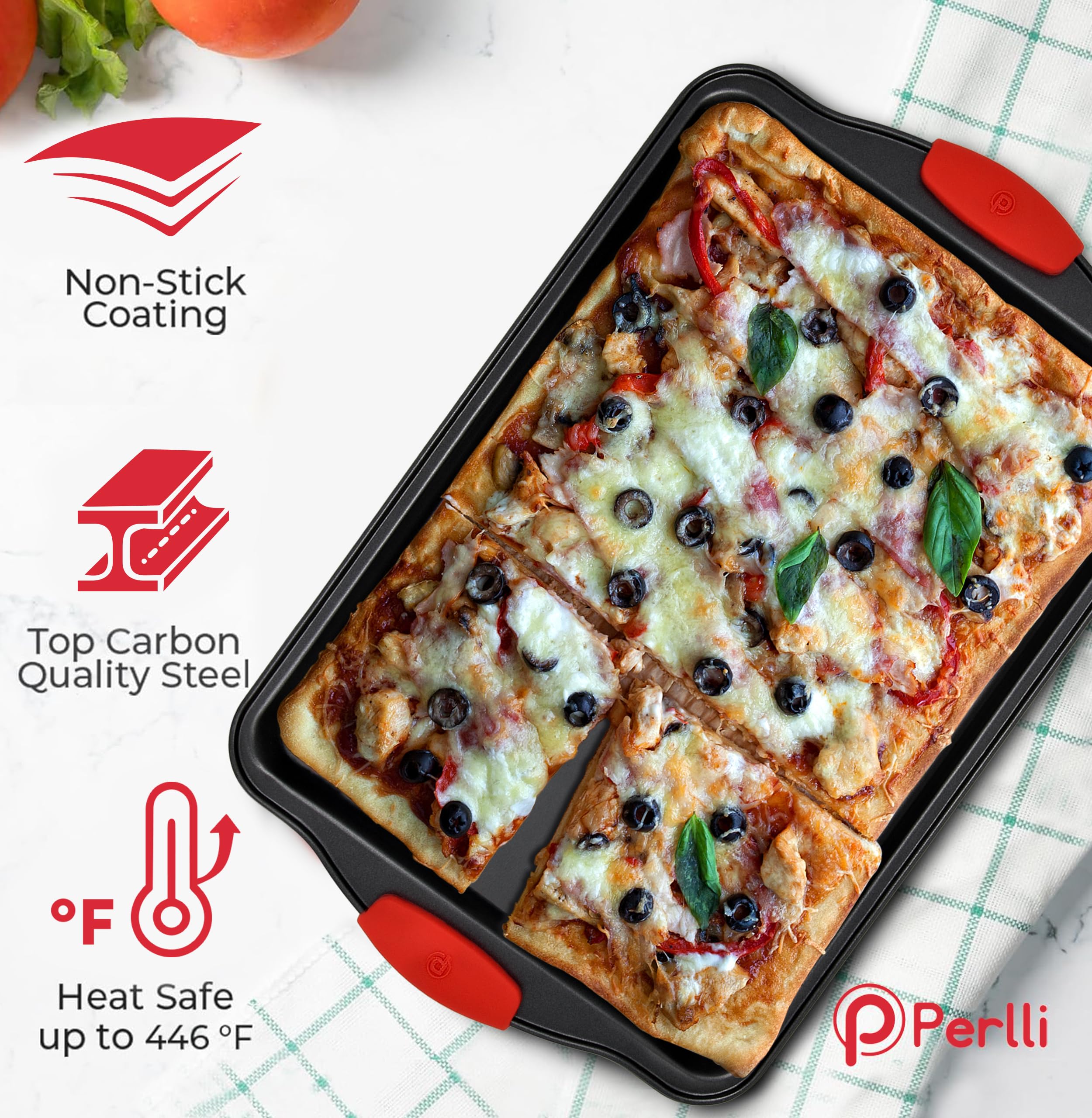 PERLLI Non-Stick 6-Piece Baking Pan Set, BPA-Free Carbon Steel Bakeware Set with Silicone Handles, Stackable Kitchen Oven Set, Cookie Sheet, Baking Tray, Baking Sheet Set, Oven Safe (446°F)