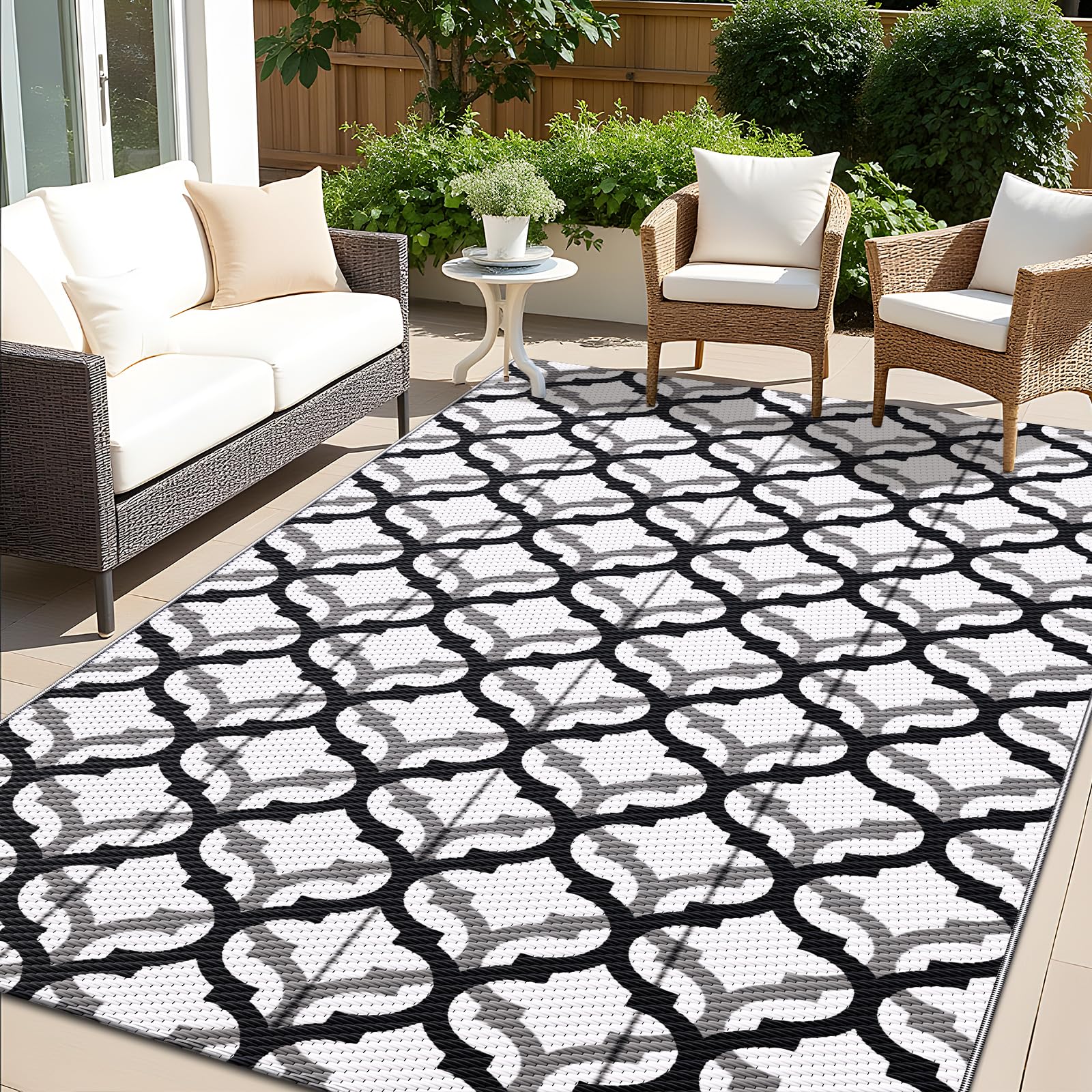 OLANLY Waterproof Outdoor Rug 5x8 ft, Outdoor Plastic Straw Rug for Camping, RV Mat Outside, Indoor Outdoor Carpet for Porch, Deck, Backyard, Balcony, Picnic, Black & White