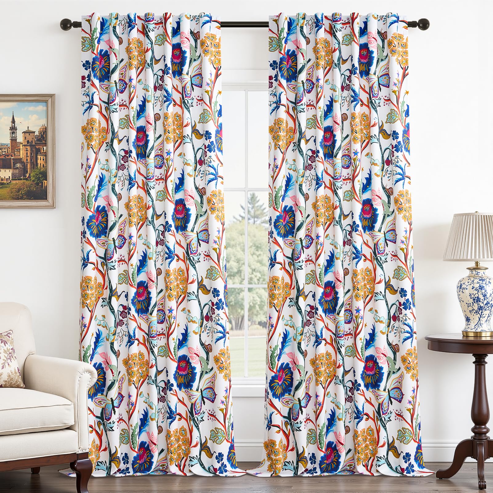 Topfinel Mustard Yellow Curtains 84 Inches Long 2 Panels for Bedroom Living Room Daffodil Butterfly Country Tropical Floral Drapes Vintage Farmhouse Light Filtering Privacy Window Curtain Blackout