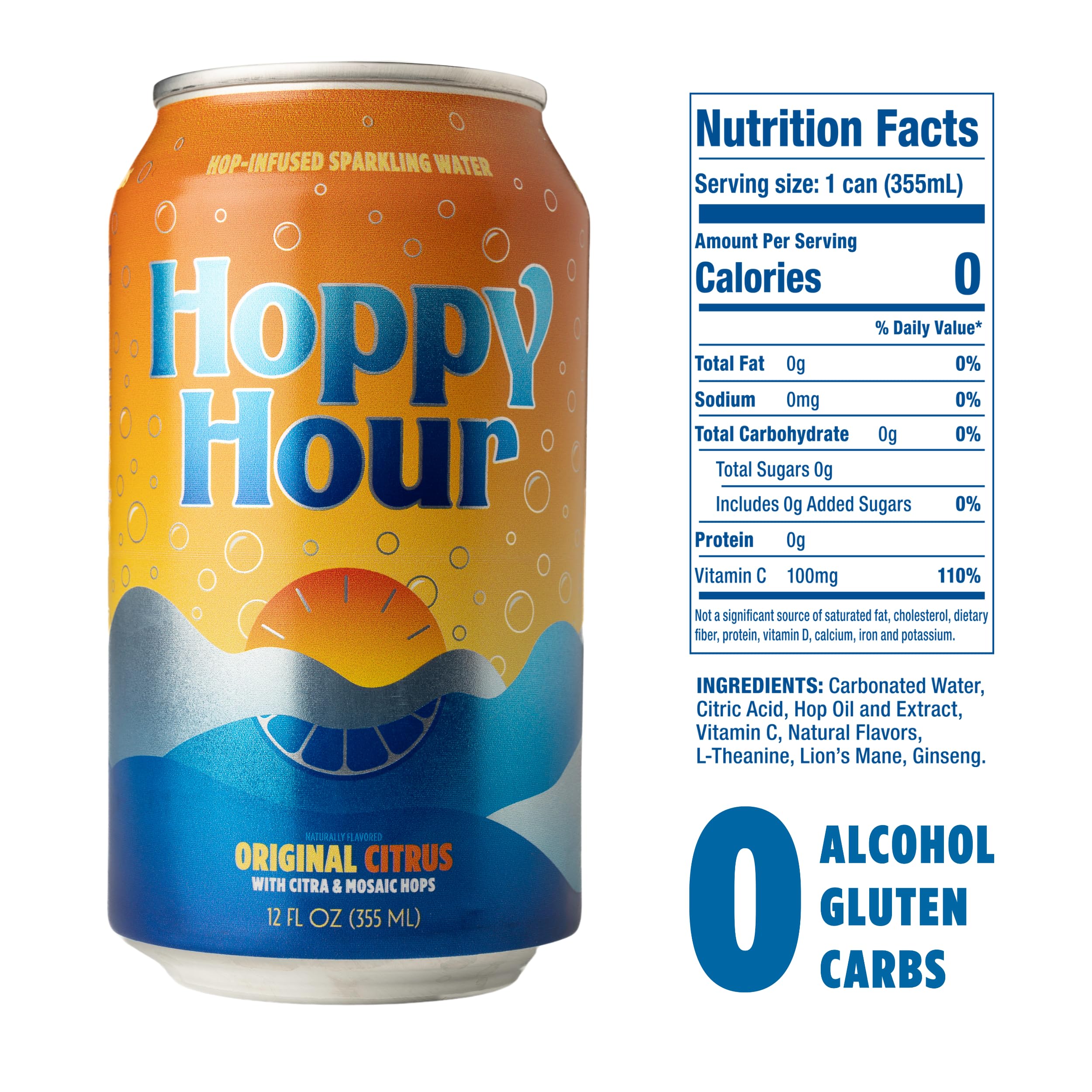 Hoppy Hour Sparkling Hop Water, Non-Alcoholic and Adaptogens Drink, Zero Sugar and Calories, Refreshing Original Citrus Flavor, 12 oz Cans (12-Pack)