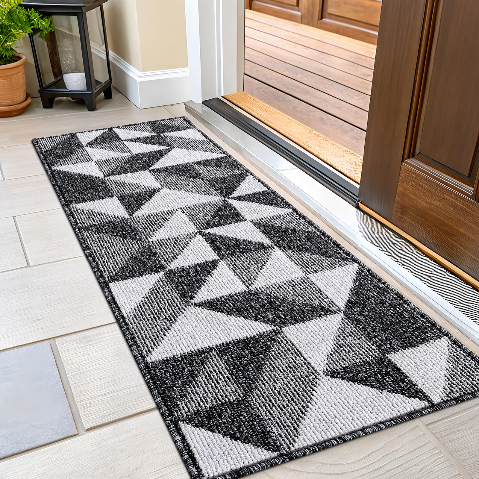 OLANLY Door Mat Indoor Entrance Washable 32x20, Odor-Free Low-Profile Front Back Geometric Doormat, Absorbent Resist Dirt Entry Carpet, Easy to Clean Sturdy Inside Floor Mats for Entryway, Black