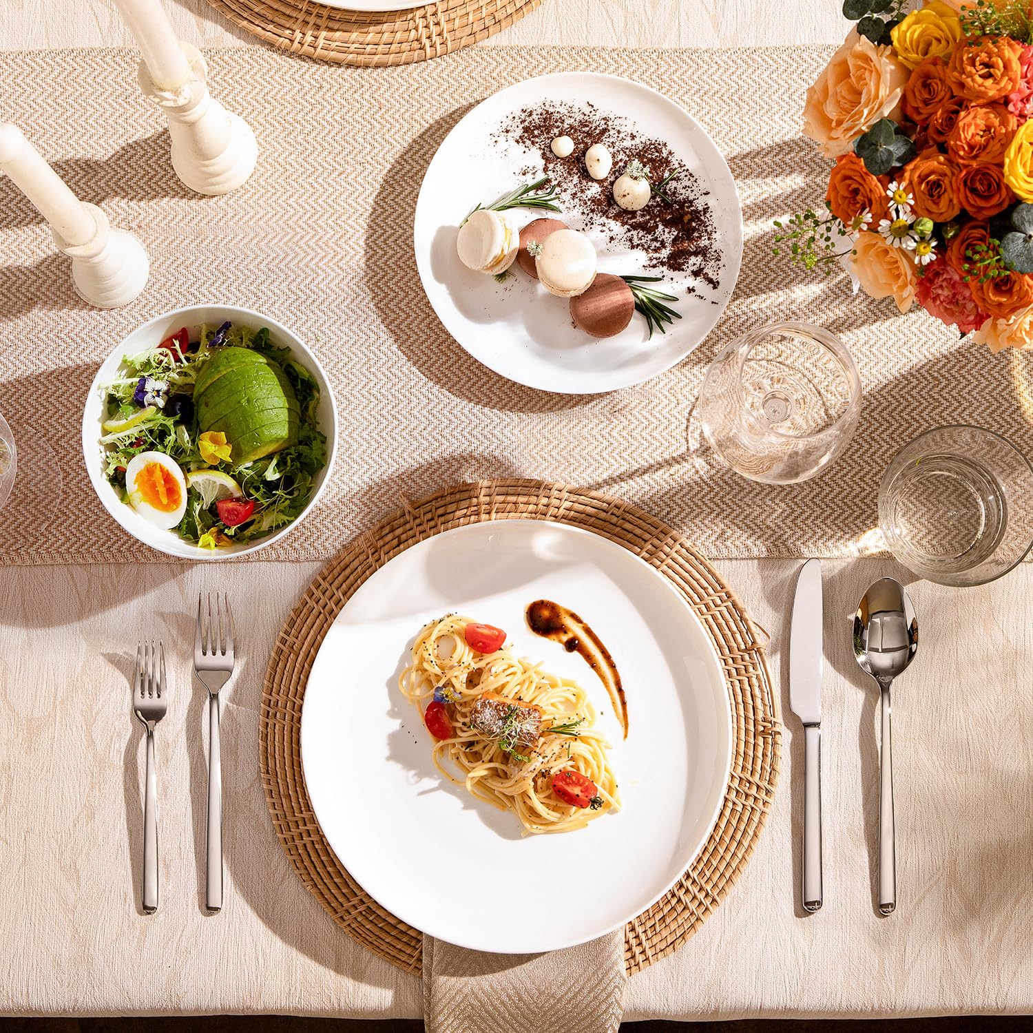 KINGSTONE 12-Piece Bone China Dinnerware Set for 4, Lightweight and Durable, Microwave and Dishwasher Safe, White Plates and Bowls for Everyday Use