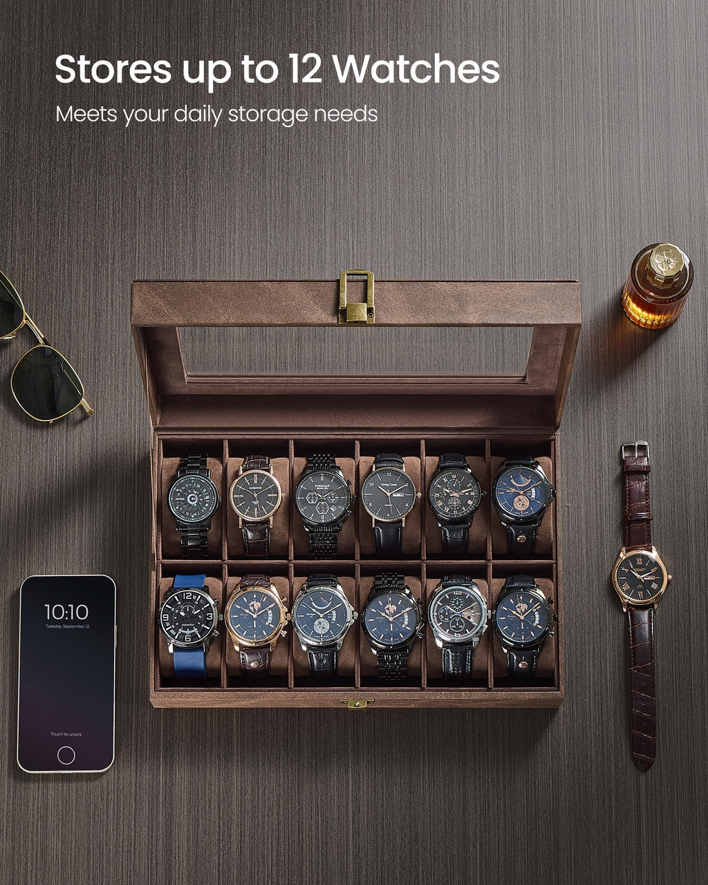 SONGMICS Watch Box, 12-Slot Watch Case Organizer with Large Glass Lid, Removable Pillows, Gift for Loved Ones, Black Synthetic Leather, Gray Lining UJWB12BK