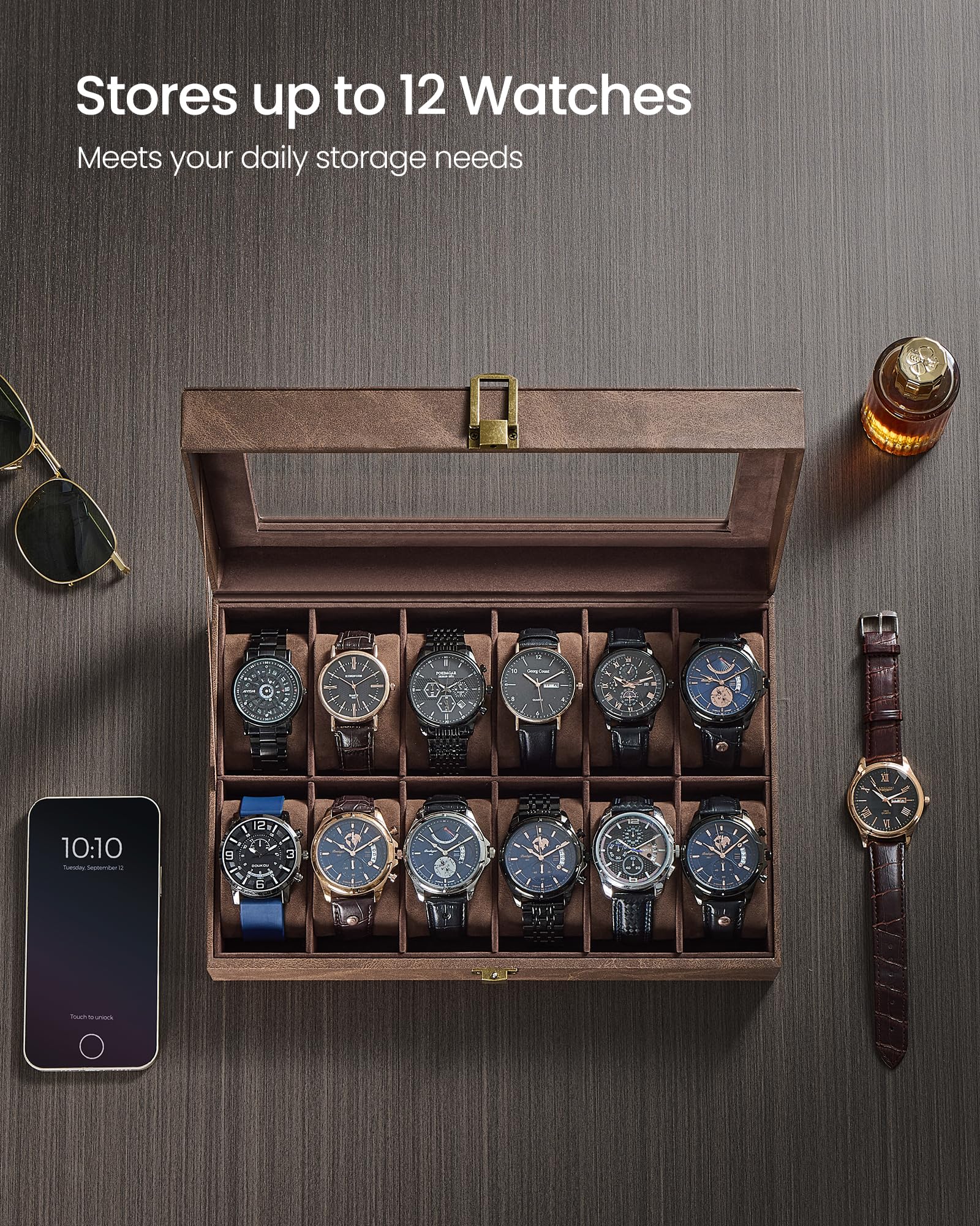 SONGMICS Watch Box, 12-Slot Watch Case Organizer with Large Glass Lid, Removable Pillows, Gift for Loved Ones, Black Synthetic Leather, Gray Lining UJWB12BK
