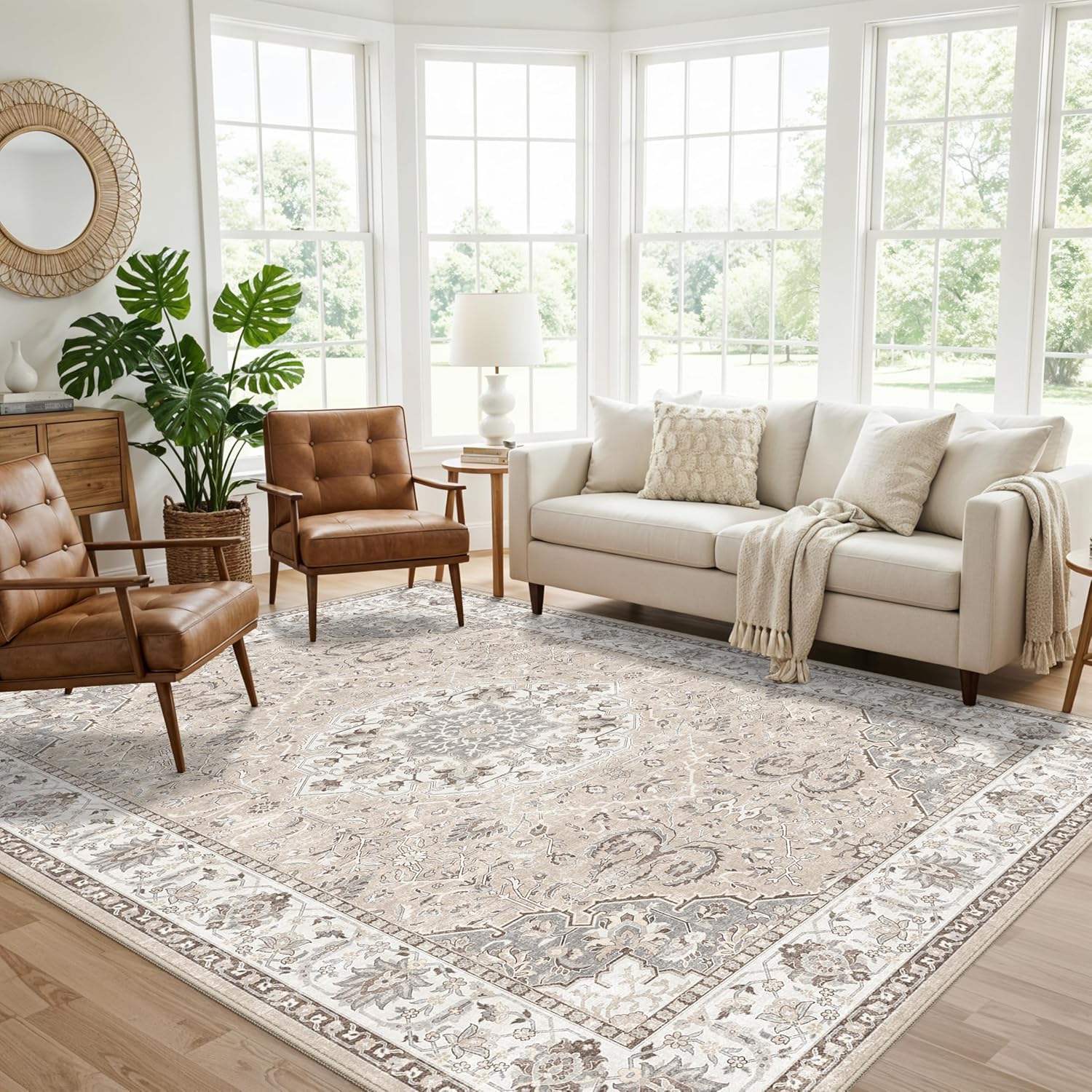 Washable 2x3 Entryway Area Rug - Neutral Kitchen Rug Runner Vintage Soft Floor Mat Non Slip Indoor Farmhouse Carpet for Bathroom Living Room Bedroom (2 X 3, Beige)