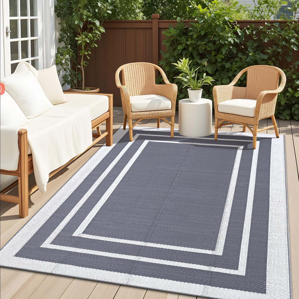 OLANLY Outdoor Rug 5x8 ft Waterproof, Reversible Outdoor Plastic Straw Rug, RV Mat, Indoor Outdoor Carpet Clearance for Patio, Camping, Balcony, Deck, Backyard, Grey & White