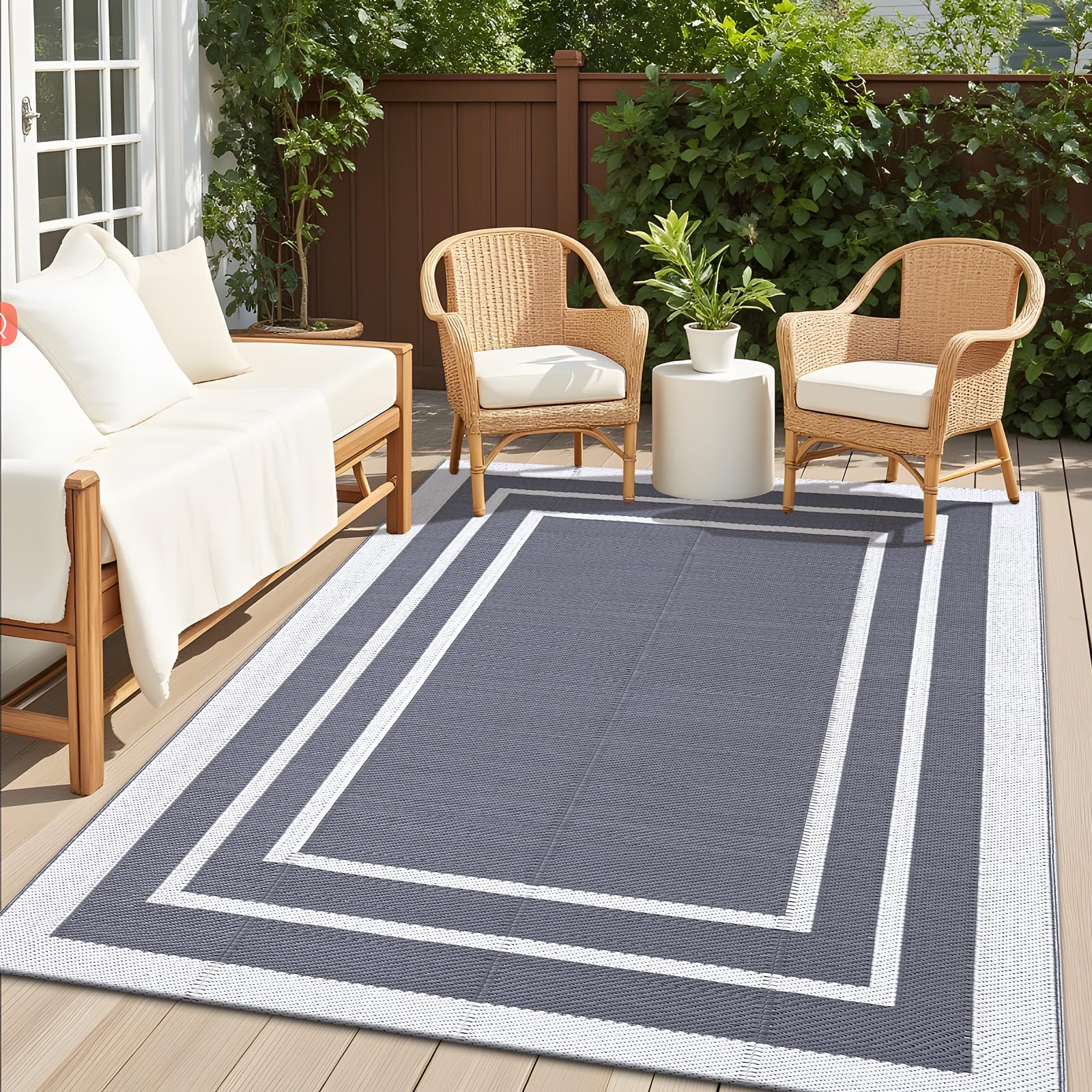 OLANLY Outdoor Rug 5x8 ft Waterproof, Reversible Outdoor Plastic Straw Rug, RV Mat, Indoor Outdoor Carpet Clearance for Patio, Camping, Balcony, Deck, Backyard, Grey & White