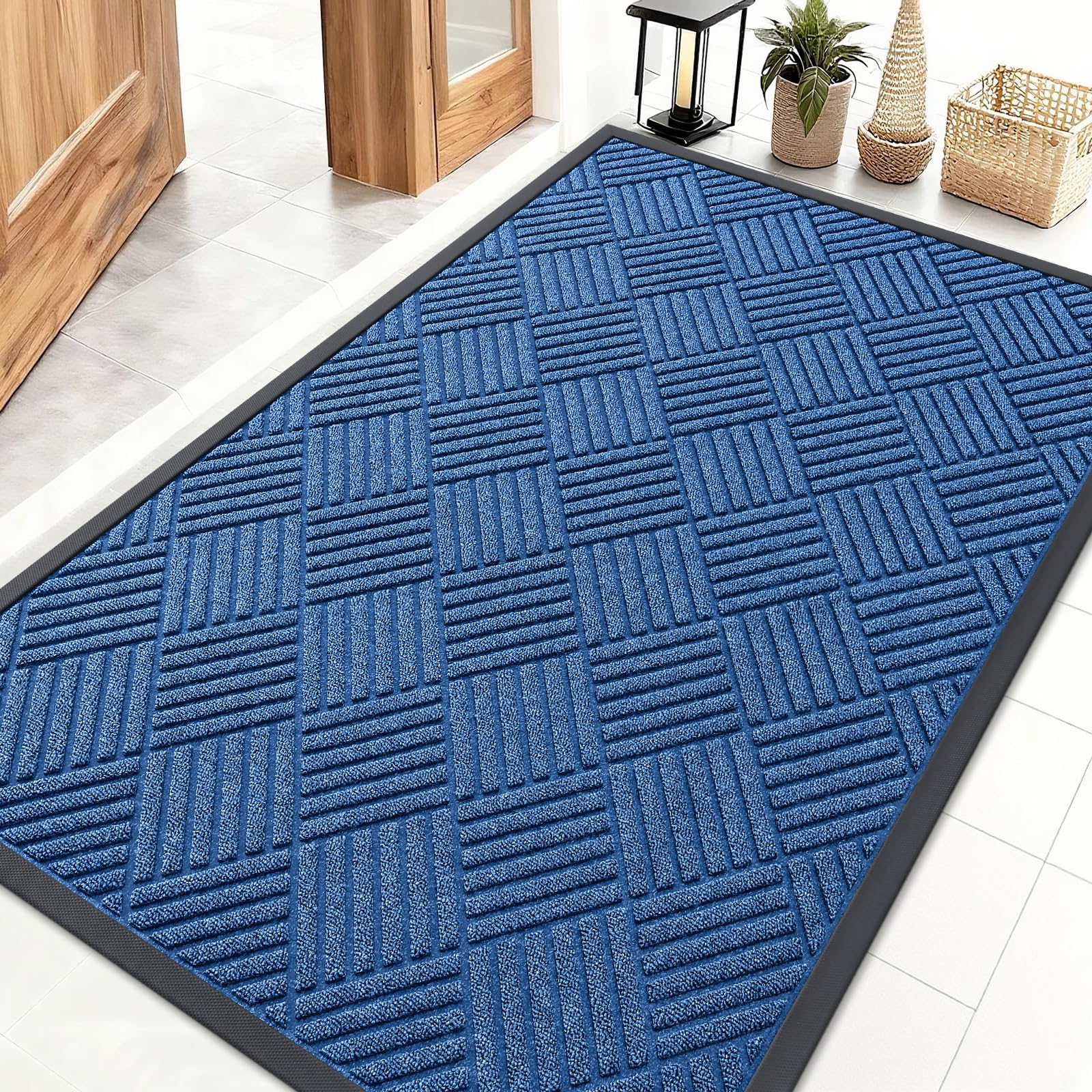 OLANLY Front Door Mat Outside Entrance 29.5x17, Absorbent, Heavy Duty Sturdy Natural Rubber Doormat Indoor Outdoor, Stain and Fade Resistant, Non-Slip Low Profile Floor Mat for Entryway, Grey Diamond