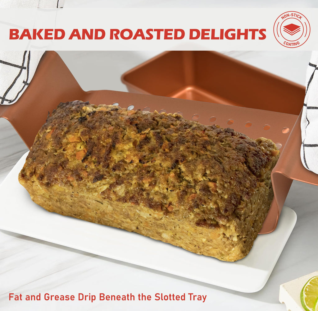 PERLLI Meat Loaf Pan with Drip Tray – 2 Pc. 9.8 x 5.7 In. High-Carbon-Steel Nonstick Meatloaf Pan with Drain Tray – Large BPA-Free Oven Loaf Pan for Baking, Bread, Cakes, Roasting Meat, & More