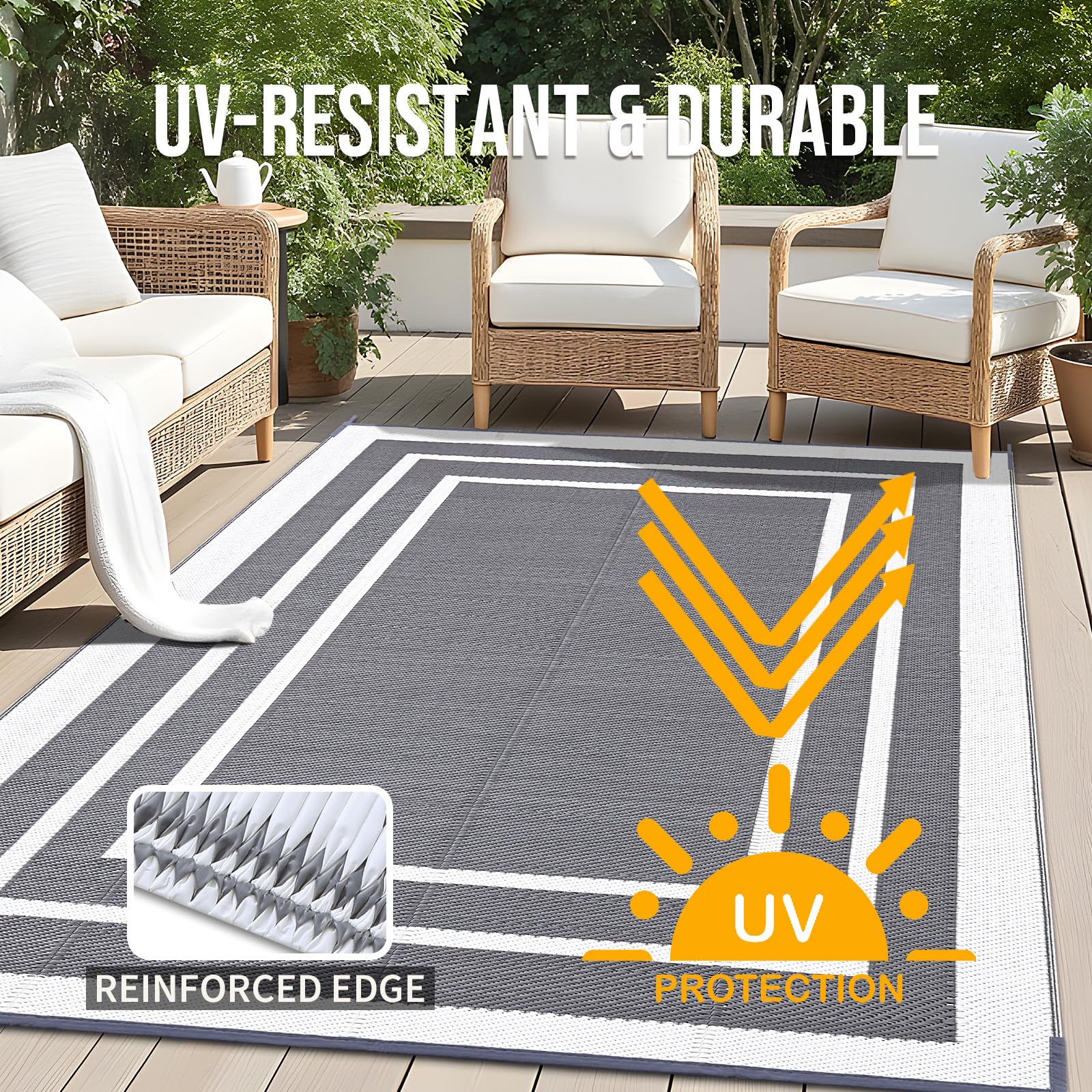 OLANLY Outdoor Rug 5x8 ft Waterproof, Reversible Outdoor Plastic Straw Rug, RV Mat, Indoor Outdoor Carpet Clearance for Patio, Camping, Balcony, Deck, Backyard, Grey & White