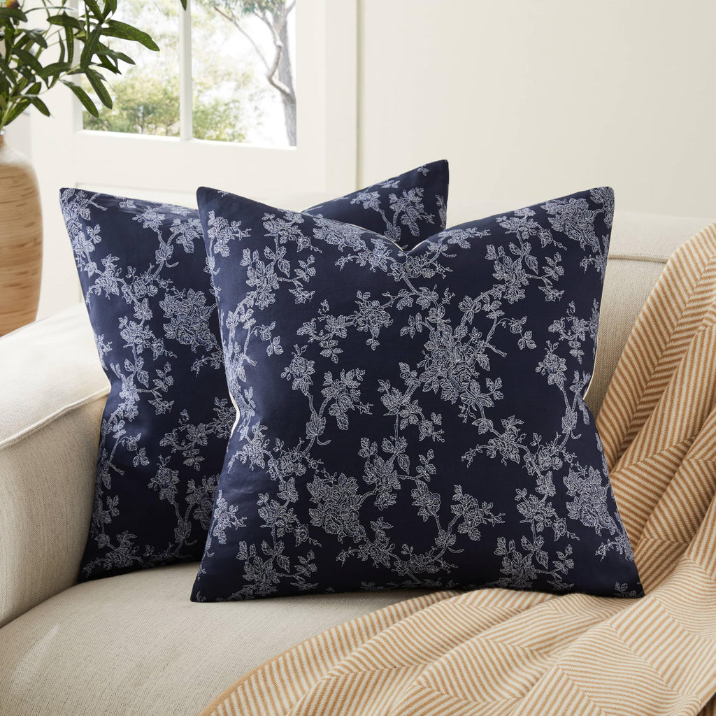 100% Cotton French Pastoral Throw Pillow Covers Set of 2, 18x18 Inch Blue Farmhouse Decorative Cushion Covers for Sofa Bed Living Room Home Decor
