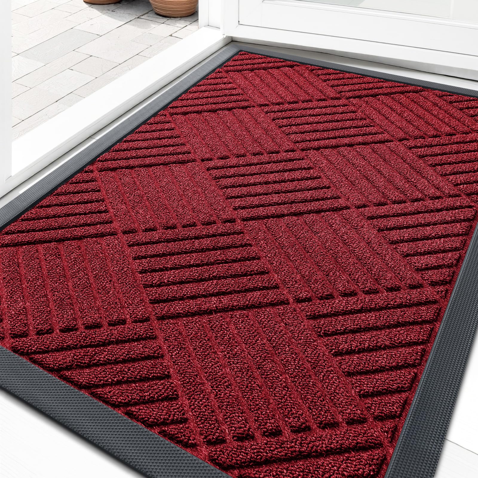 OLANLY Front Door Mat Outside Entrance 29.5x17, Absorbent, Heavy Duty Sturdy Natural Rubber Doormat Indoor Outdoor, Stain and Fade Resistant, Non-Slip Low Profile Floor Mat for Entryway, Grey Diamond
