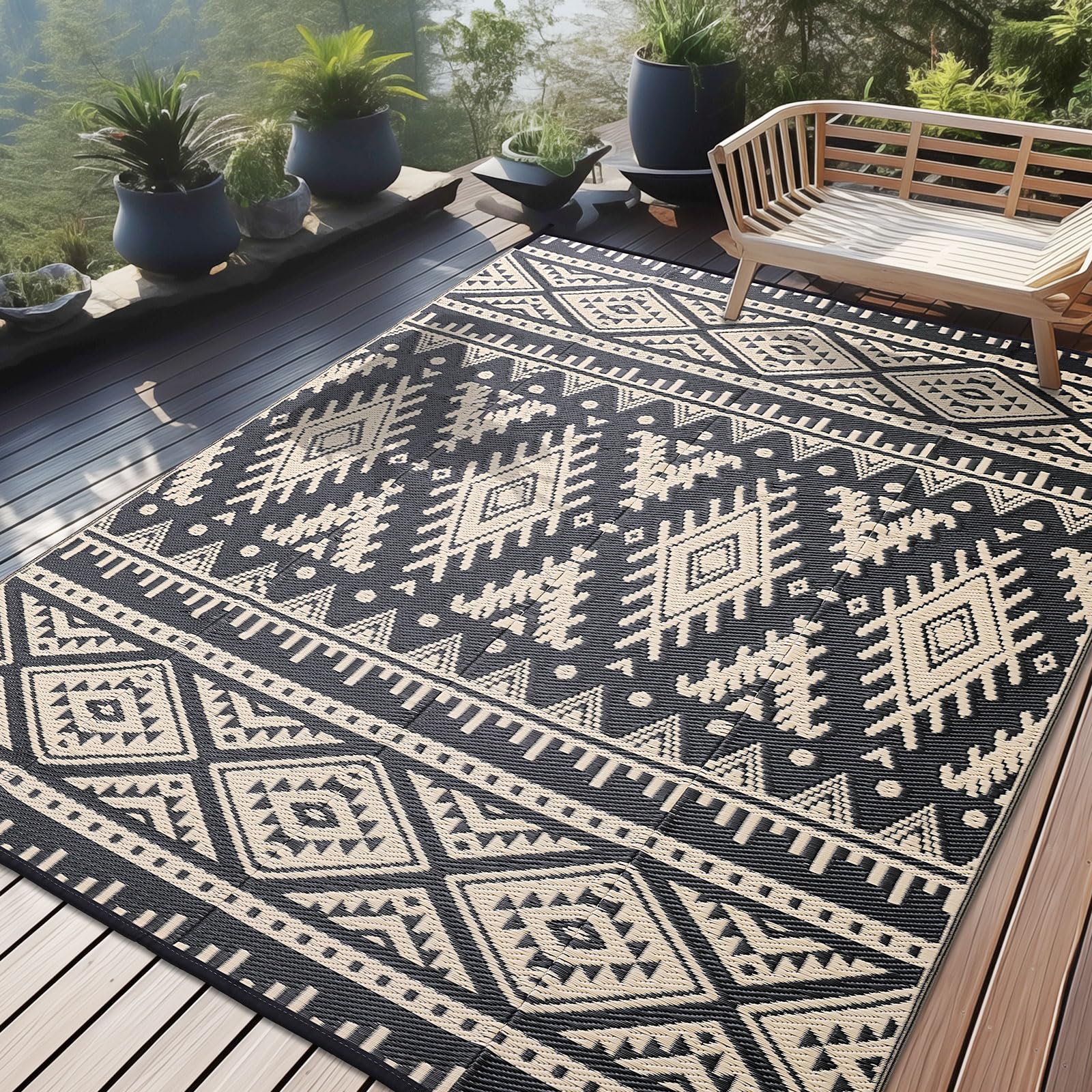 OLANLY Outdoor Rug Waterproof 5x8 ft, Reversible Outdoor Plastic Straw Rug, Boho Patio Rug, Indoor Outdoor Carpet, RV Mat Outside for Patio, Camp, Picnic, Balcony, Deck, Backyard, Black & White