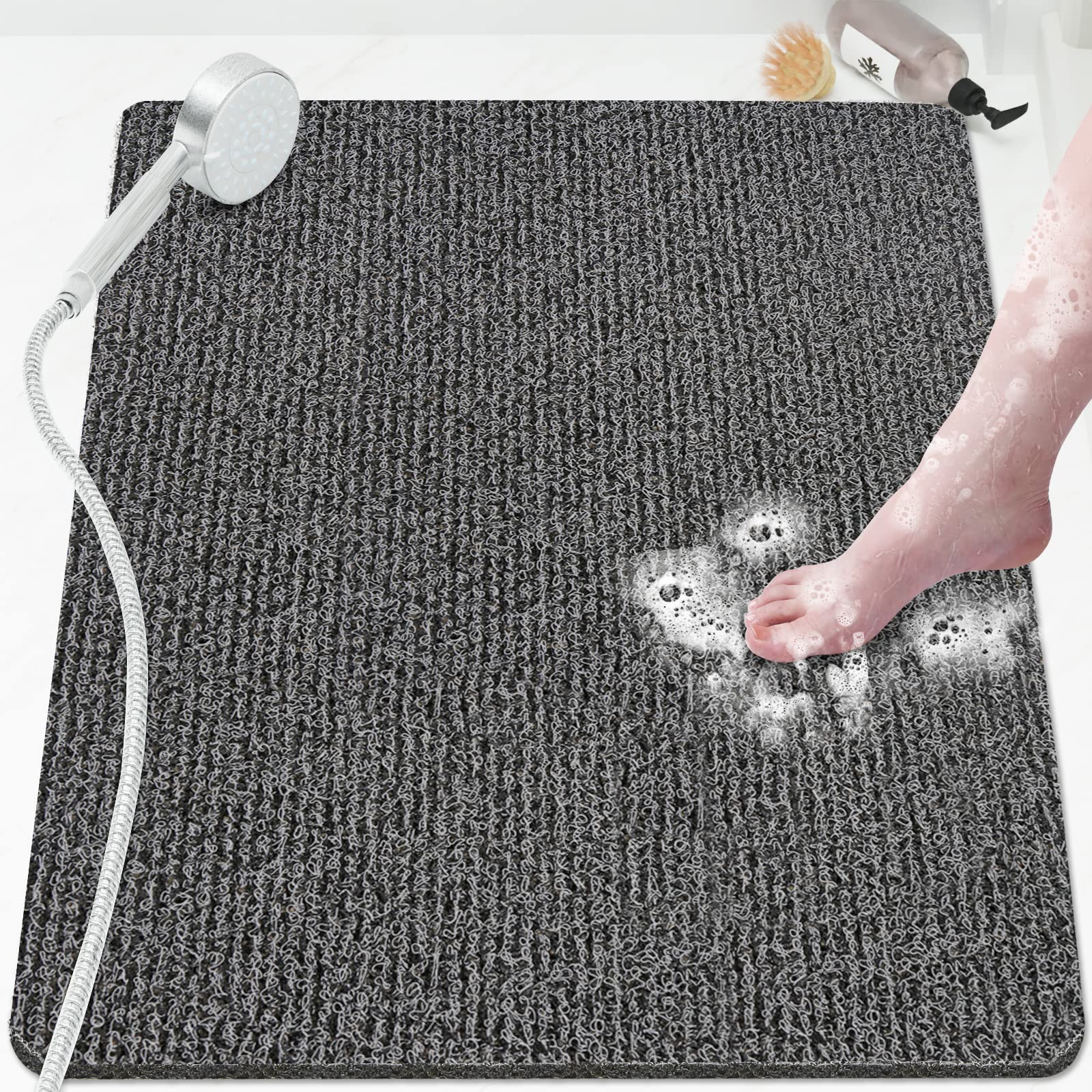 PVC Loofah Shower/Bathtub Mat Non-Slip, 24x16 inch, Soft Tub Mat with Drain, for Tub and Bathroom,Quick Drying,Grey