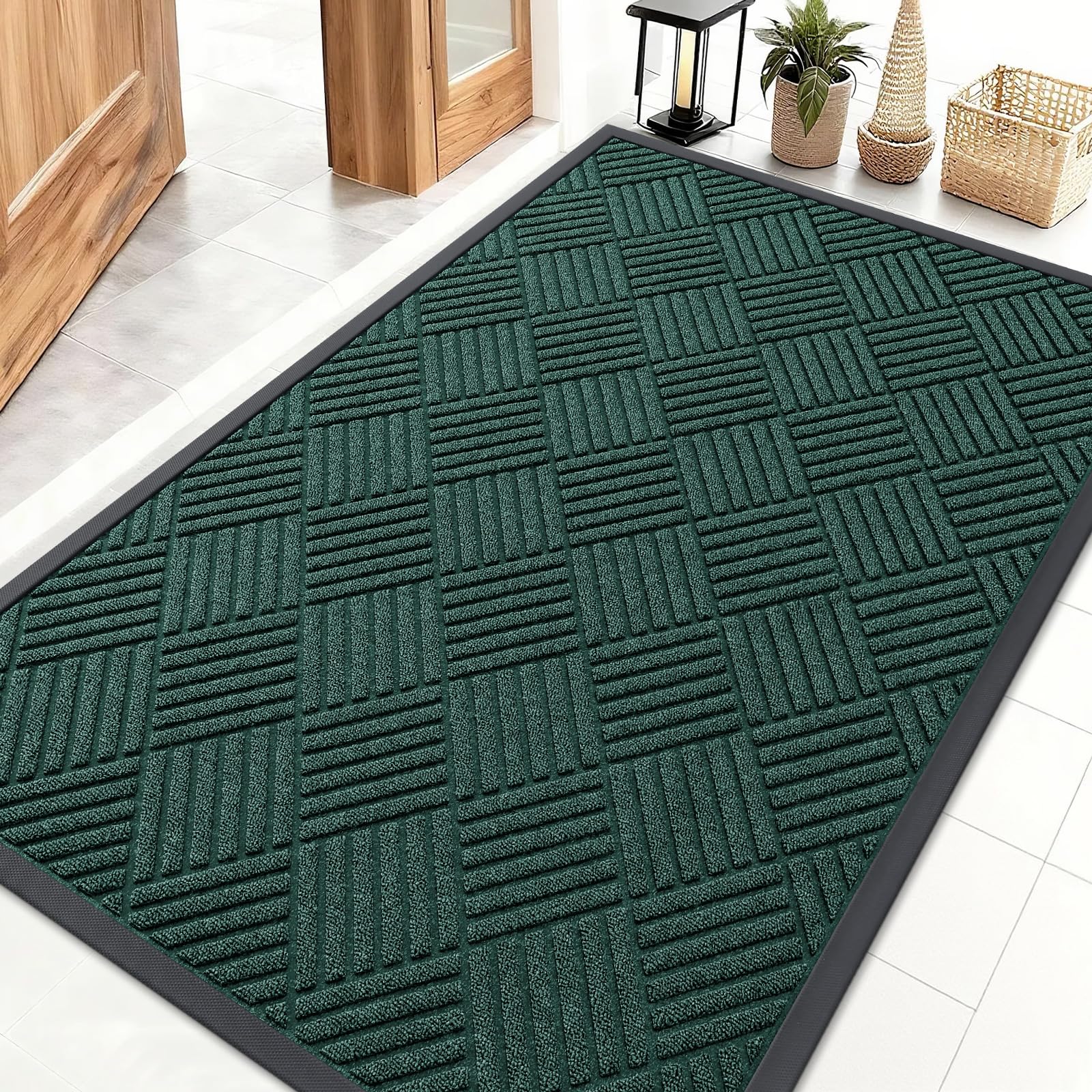 OLANLY Front Door Mat Outside Entrance 29.5x17, Absorbent, Heavy Duty Sturdy Natural Rubber Doormat Indoor Outdoor, Stain and Fade Resistant, Non-Slip Low Profile Floor Mat for Entryway, Grey Diamond