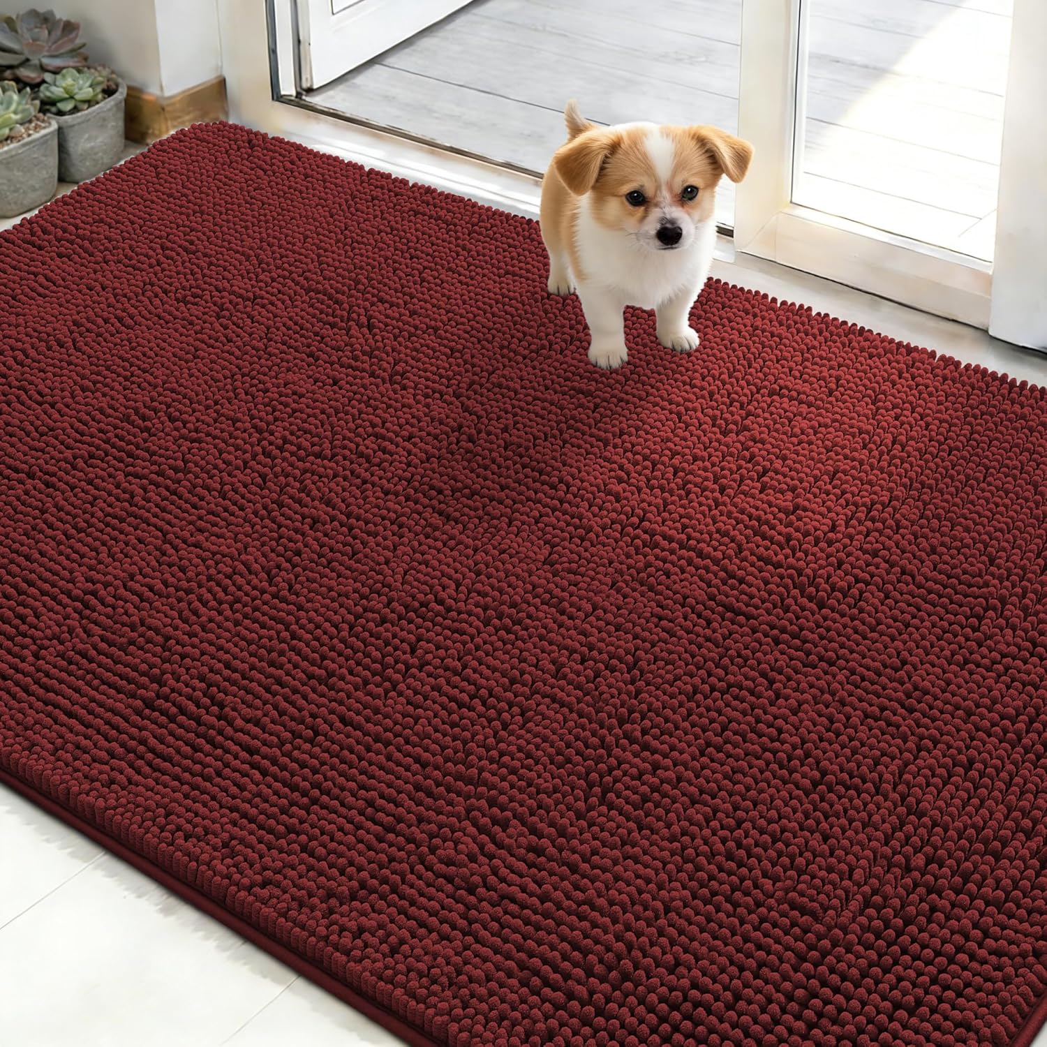 OLANLY Dog Door Mat for Muddy Paws 48x30, Absorbs Moisture and Dirt, Absorbent Non-Slip Washable Doormat, Quick Dry Chenille Mud Mat for Dogs, Entry Indoor Entryway Carpet for Inside Floor, Grey