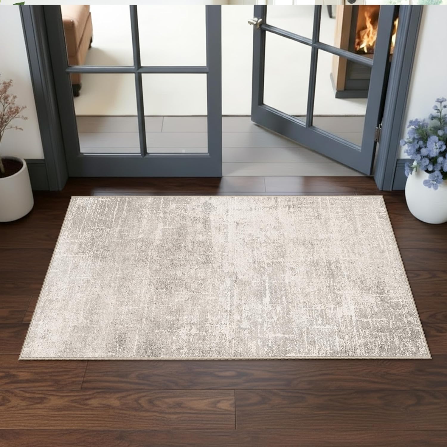 Washable 2x3 Entryway Area Rug - Neutral Kitchen Rug Runner Vintage Soft Floor Mat Non Slip Indoor Farmhouse Carpet for Bathroom Living Room Bedroom (2 X 3, Beige)