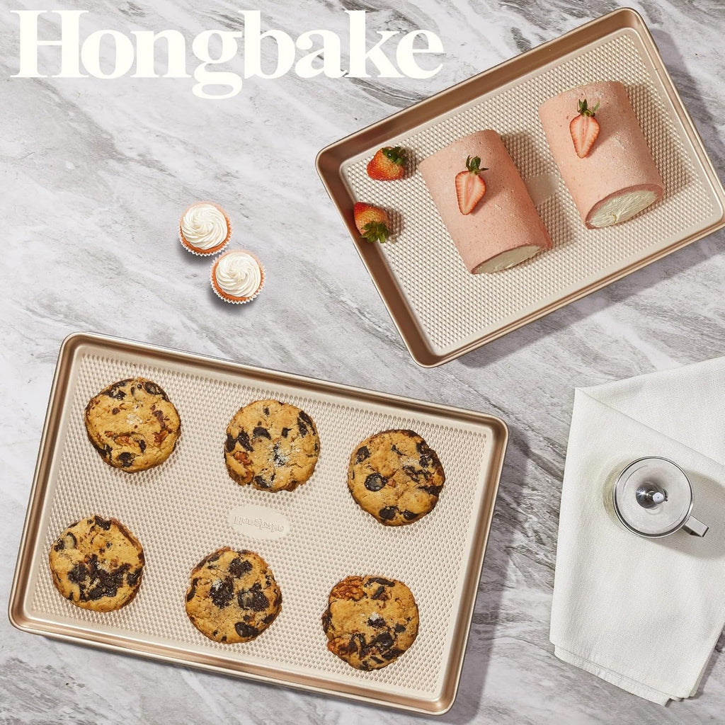 HONGBAKE Half Baking Sheet Pan with Diamond Texture, Non Stick Cookie Sheet for Baking, Heavy Duty Non Toxic Baking Pan for Oven, 17.6" x 12" Baking Trays, Gold