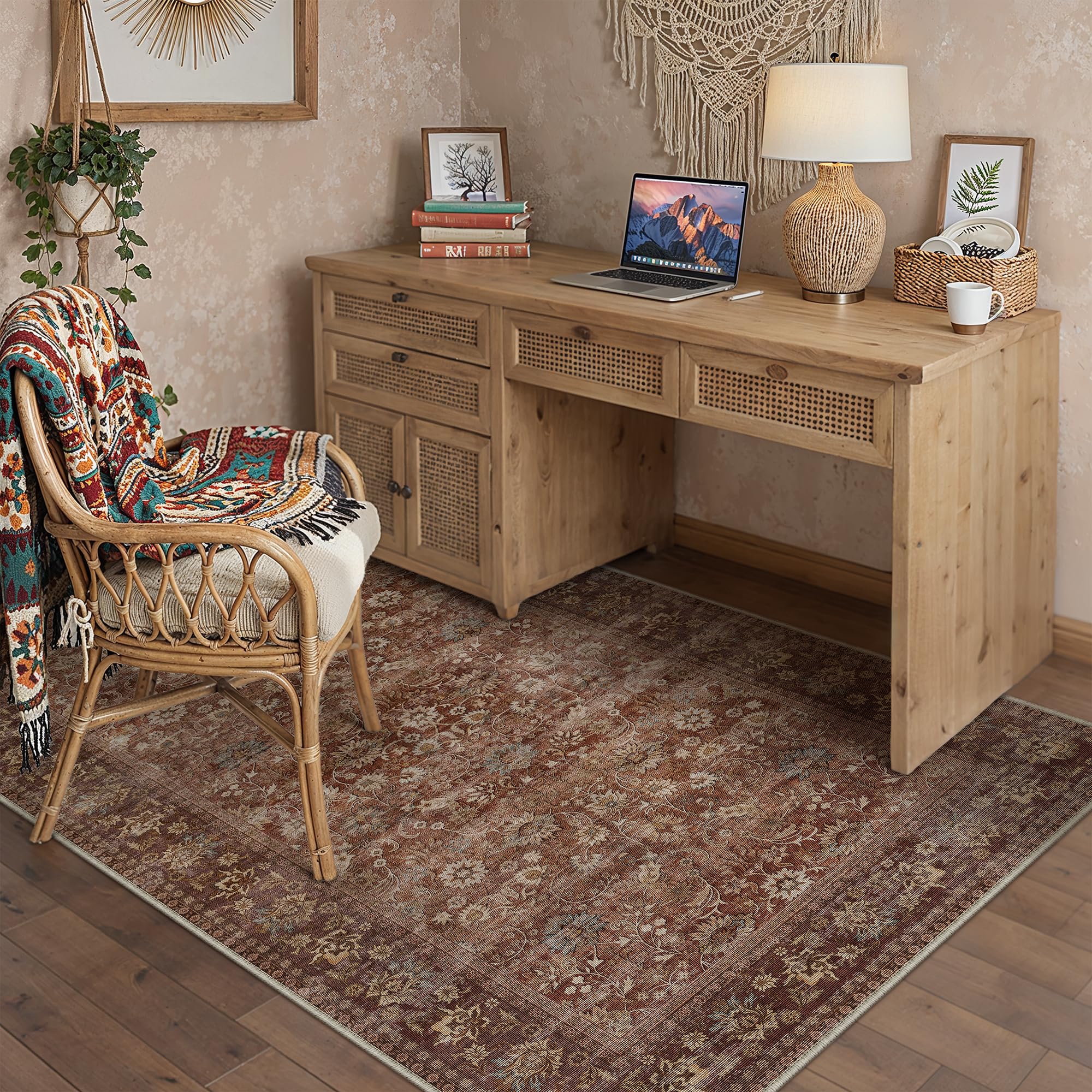 HUGEAR 5x7 Machine Washable Rugs Brown Hallway Area Rug Indoor Accent Rug Floral Low Pile Carpet Soft Throw Aesthetic Rug Bedroom Living Room Office Dining Room Kitchen Laundry Room Non Slip