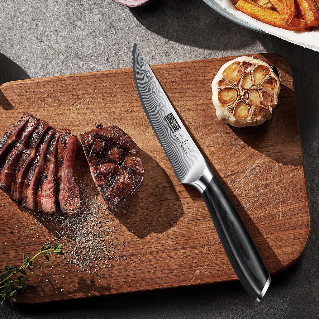 HOSHANHO Steak Knives Set of 6, 4.5 Inch Japanese Serrated Steak Knife Set, Ultra Sharp High Carbon Powder Steel Steak Knife with Pakkawood Handle