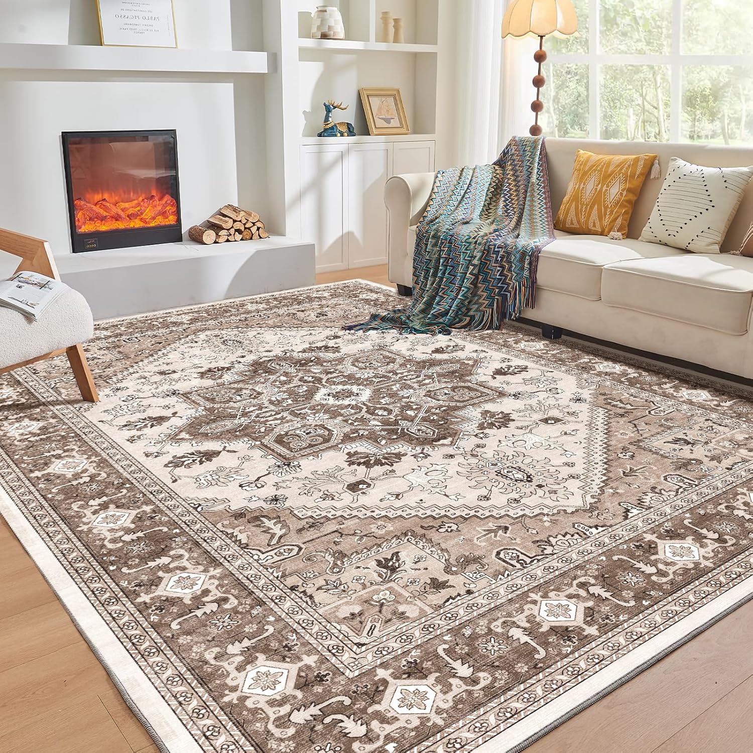 OPPODREAM Soft Area Rugs 5x7, 5x7 Washable Rug with Non Slip Backing, 5 x 7 Faux Cashmere Low-Pile Carpet, Brown
