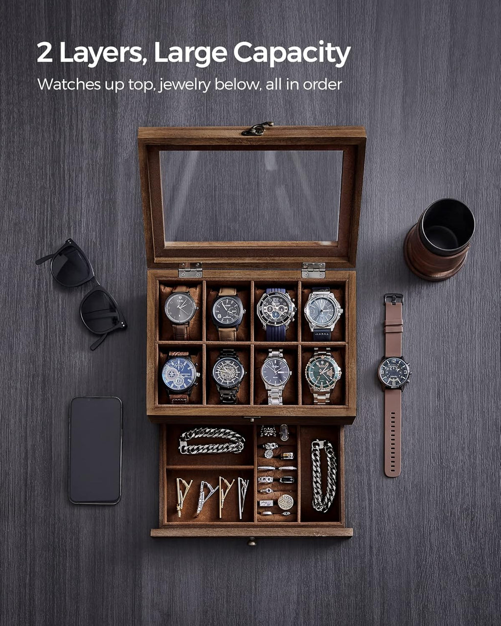 SONGMICS 8-Slot Watch Box, 2-Tier Watch Display Case with Large Glass Lid, Removable Watch Pillows, Velvet Lining, Jewelry Box, Gift Idea, Rustic Walnut UJOW008K01