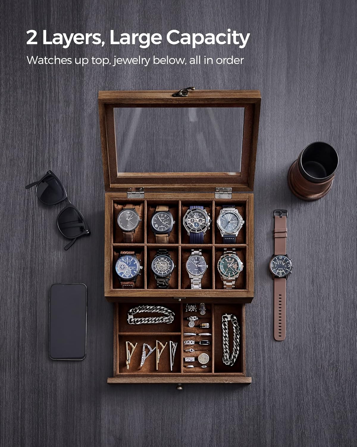 SONGMICS 8-Slot Watch Box, 2-Tier Watch Display Case with Large Glass Lid, Removable Watch Pillows, Velvet Lining, Jewelry Box, Gift Idea, Rustic Walnut UJOW008K01