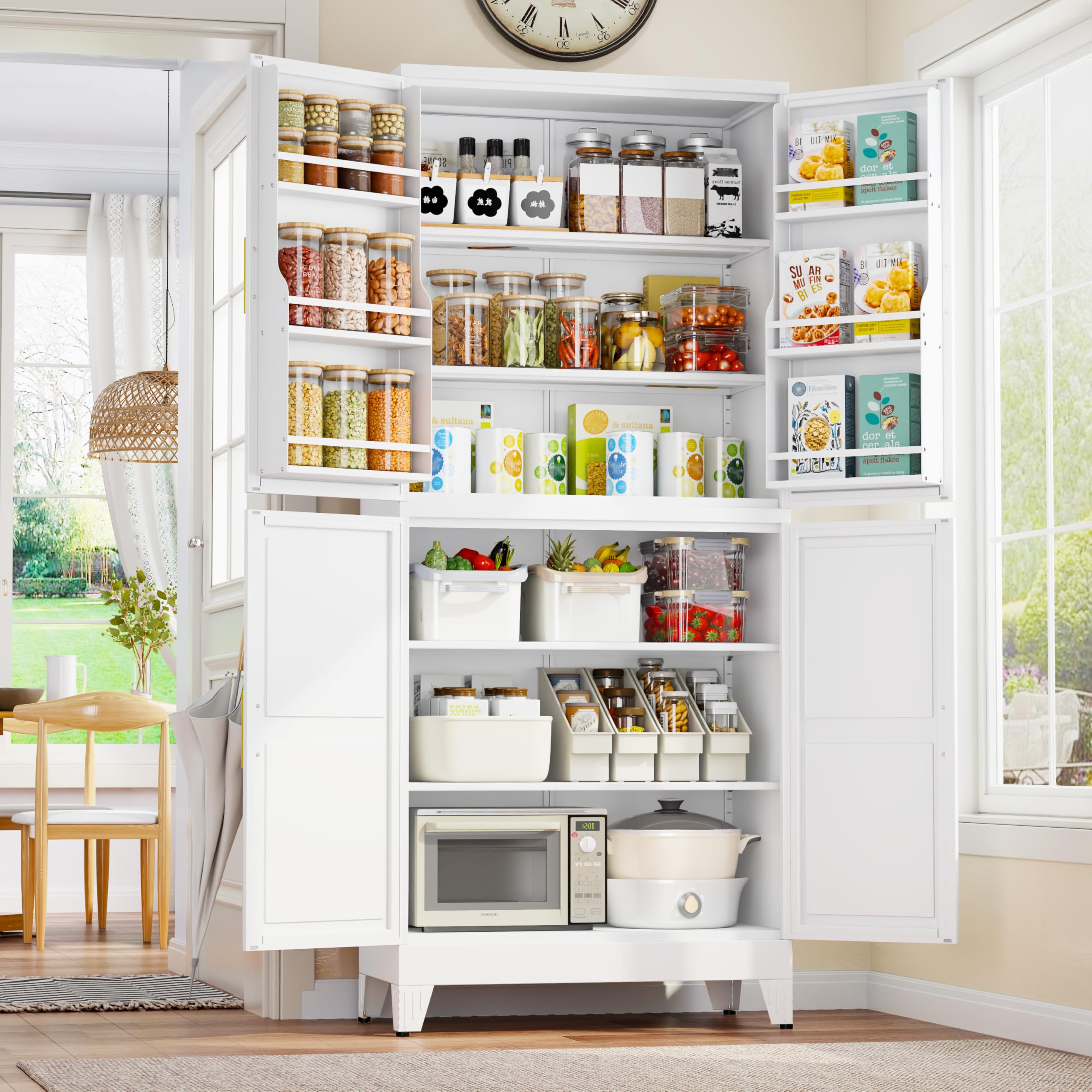 GAIOUS Metal Pantry Cabinet, Kitchen Pantry Storage Cabinets with 2 Door and 3 Adjustable Shelves, White Kitchen Pantry Cabinet, Freestanding Cupboard for Dining Room Living Room Bathroom