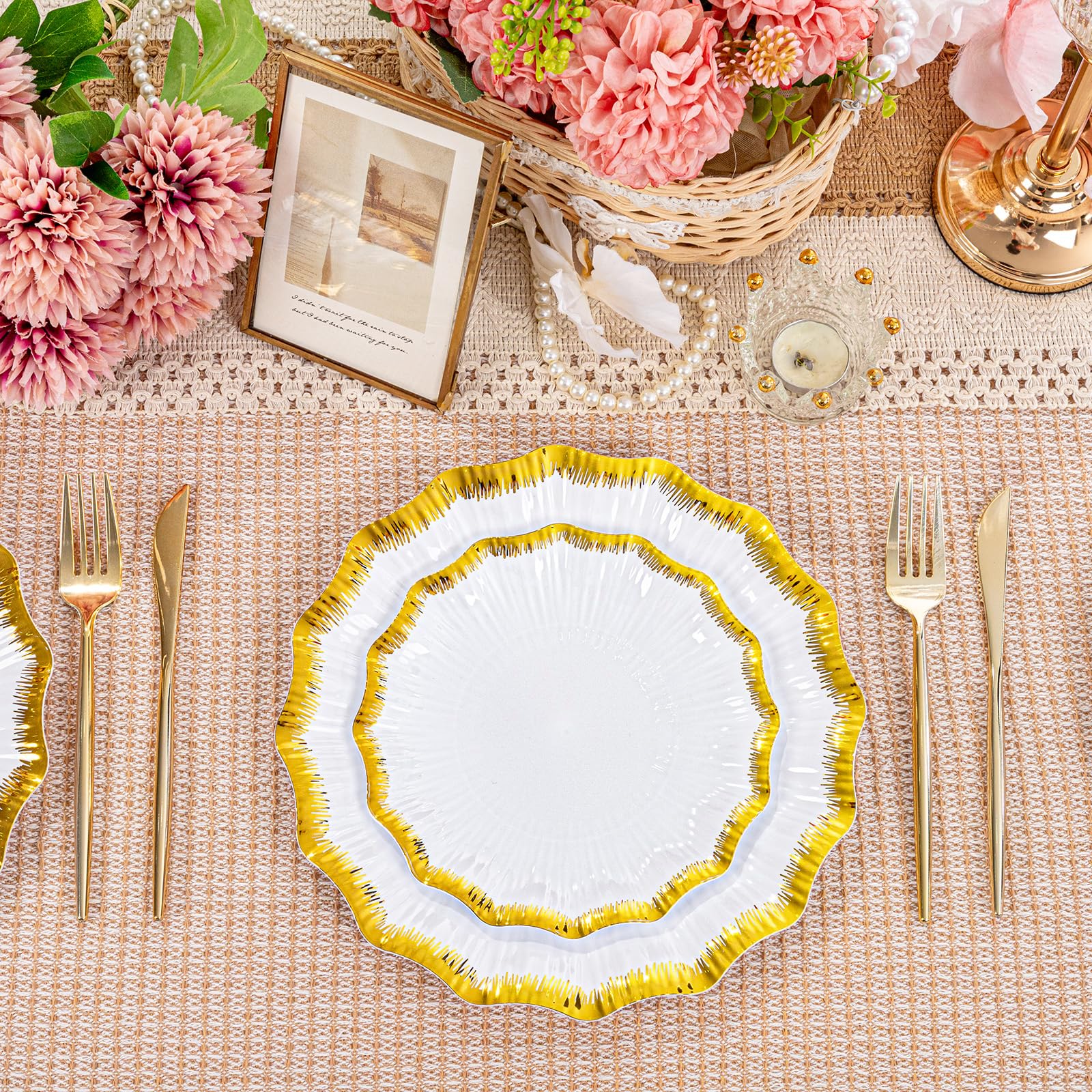 DaYammi 60PCS Blue and White Plastic Plates Blue Rim White Disposable Plates Blue White Party plates Include:30 Plastic Dinner Plate 30 Dessert plate and Wedding & Party Dining