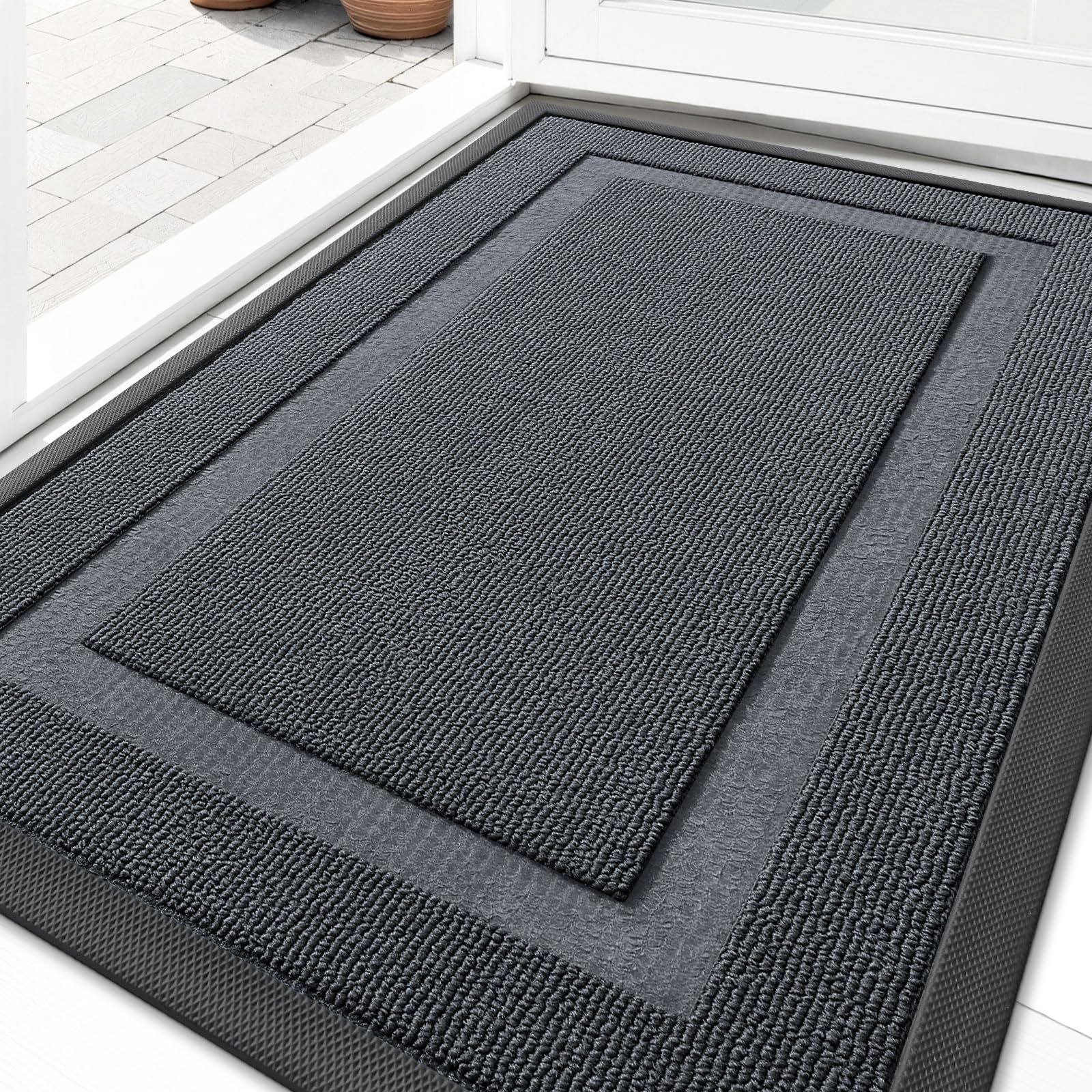 OLANLY Front Door Mat Indoor Outdoor Entrance, Waterproof All-Season, All-Weather Doormat, Sturdy Natural Rubber, Fade Resistant, Low Profile, Easy Clean Patio Porch Entryway Mat, 29.5x17, Black