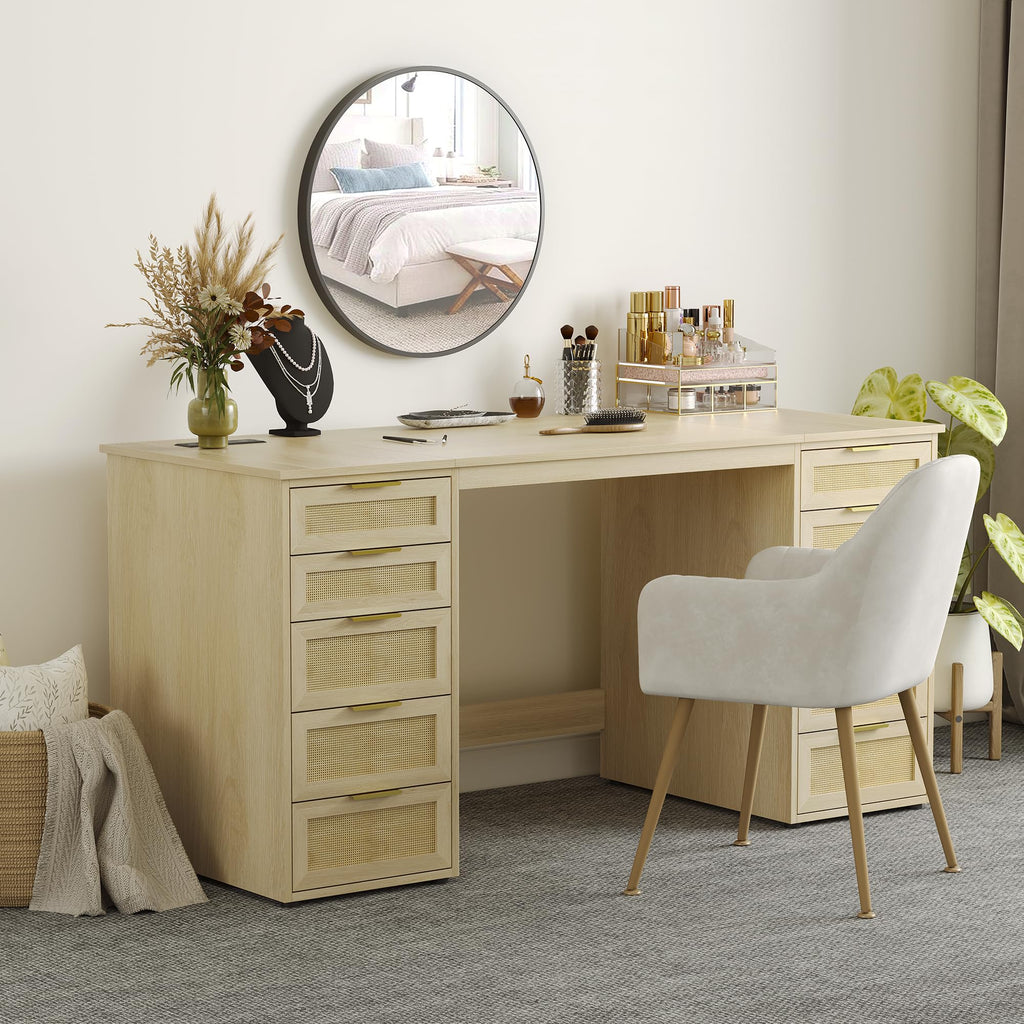 WOPITUES 60" Boho Home Office Desk with 10 Wooden Drawers, Rattan Computer Writing Desk with Power Outlets, Large Executive Desk with Storage Cabinet for Work Study Writing Craft, Black & Brown