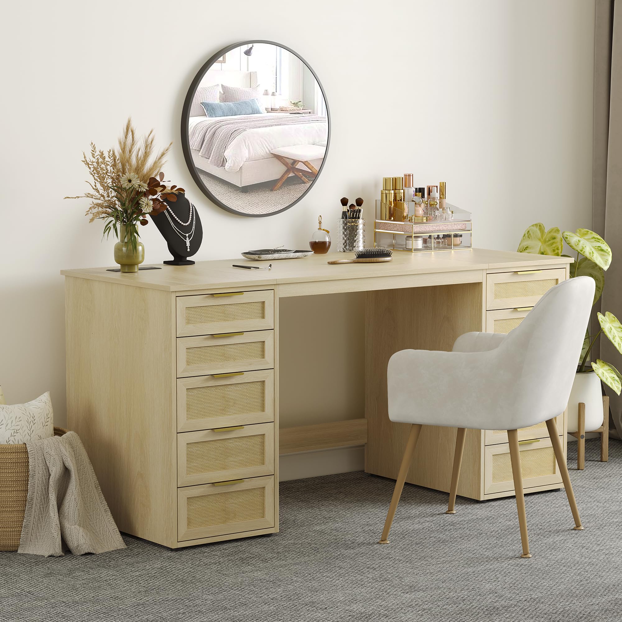 WOPITUES 60" Boho Home Office Desk with 10 Wooden Drawers, Rattan Computer Writing Desk with Power Outlets, Large Executive Desk with Storage Cabinet for Work Study Writing Craft, Black & Brown