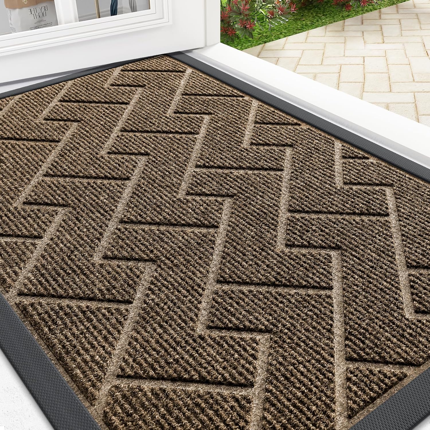 OLANLY Front Door Mat Indoor Outdoor Entrance, Waterproof All-Season, All-Weather Doormat, Sturdy Natural Rubber, Fade Resistant, Low Profile, Easy Clean Patio Porch Entryway Mat, 29.5x17, Beige