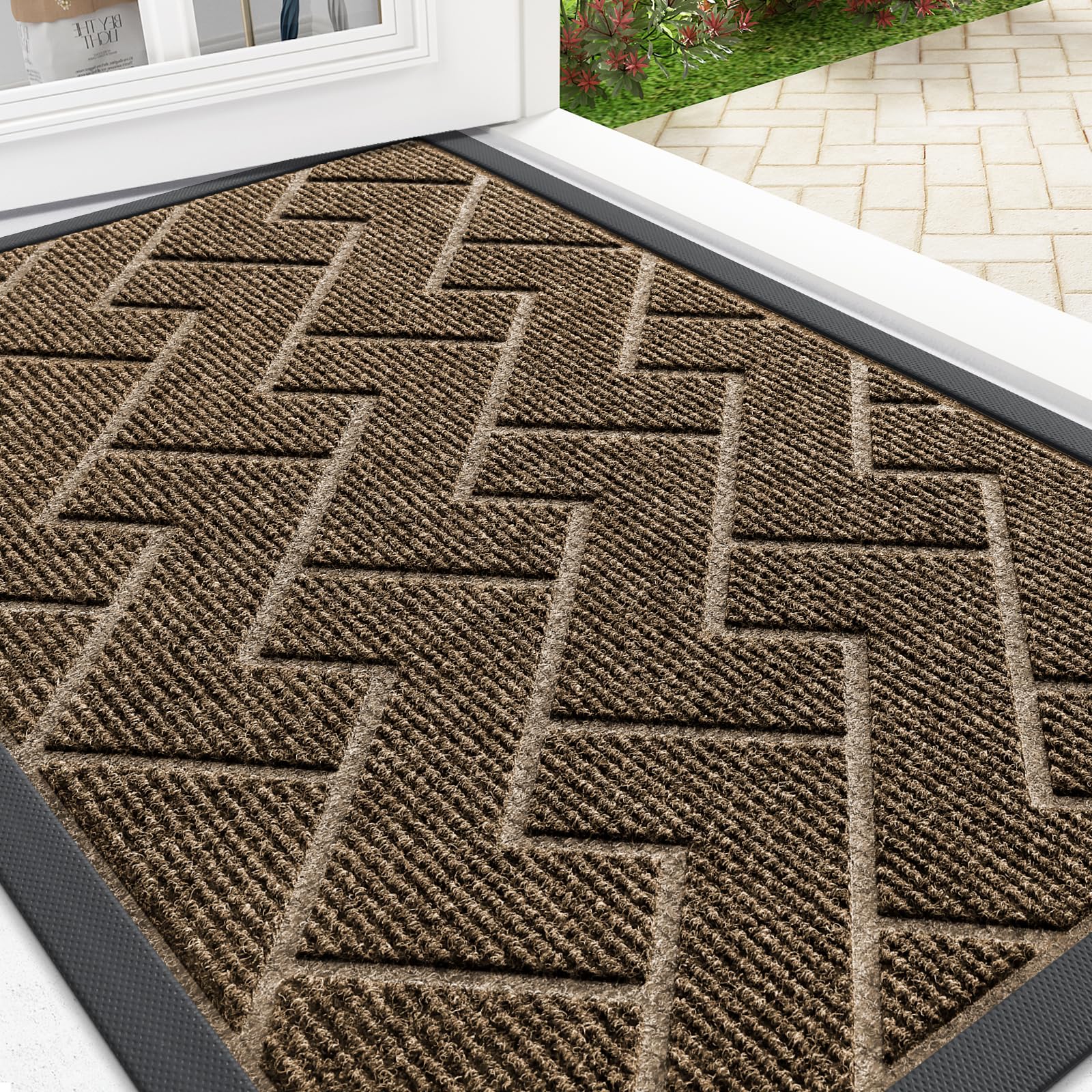 OLANLY Front Door Mat Indoor Outdoor Entrance, Waterproof All-Season, All-Weather Doormat, Sturdy Natural Rubber, Fade Resistant, Low Profile, Easy Clean Patio Porch Entryway Mat, 29.5x17, Black