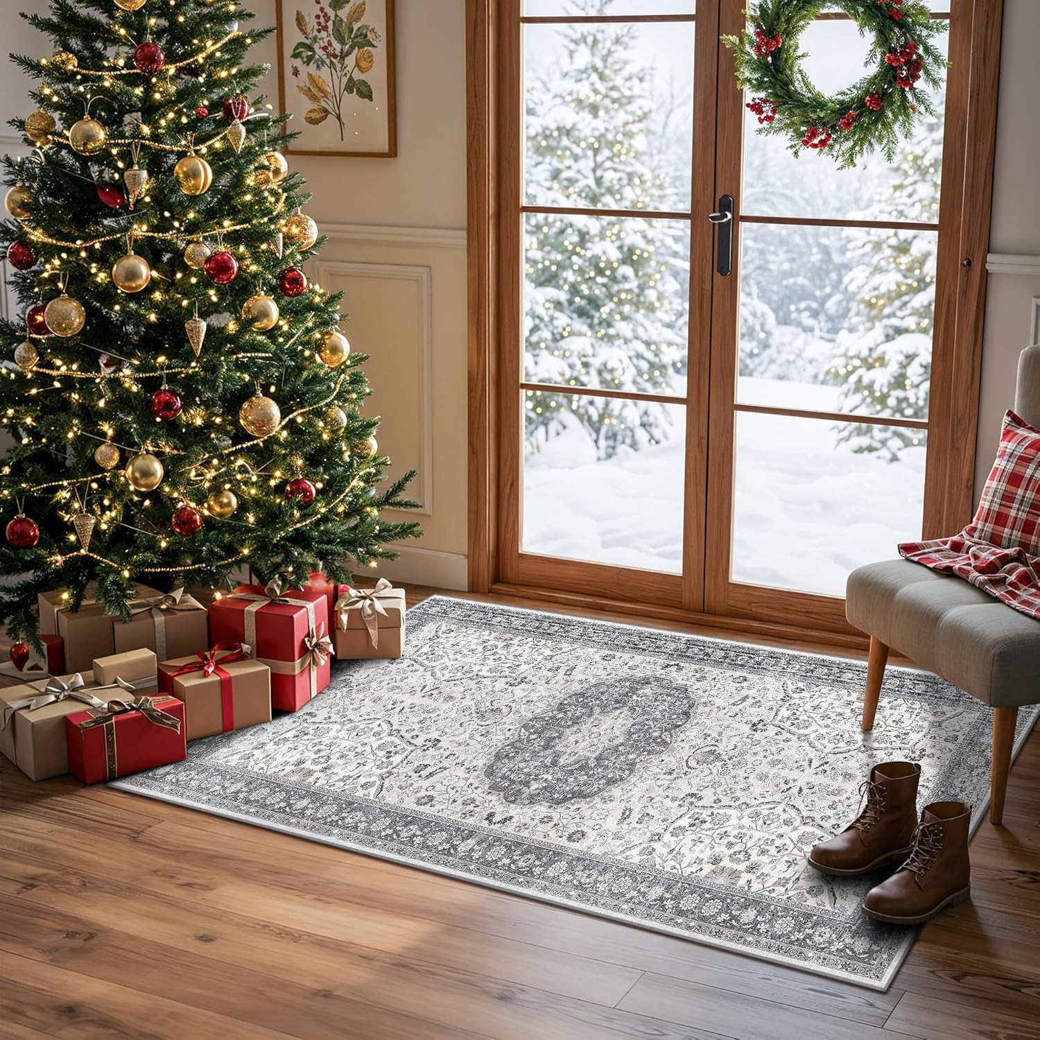 Washable 2x3 Entryway Area Rug - Neutral Kitchen Rug Runner Vintage Soft Floor Mat Non Slip Indoor Farmhouse Carpet for Bathroom Living Room Bedroom (2 X 3, Beige)