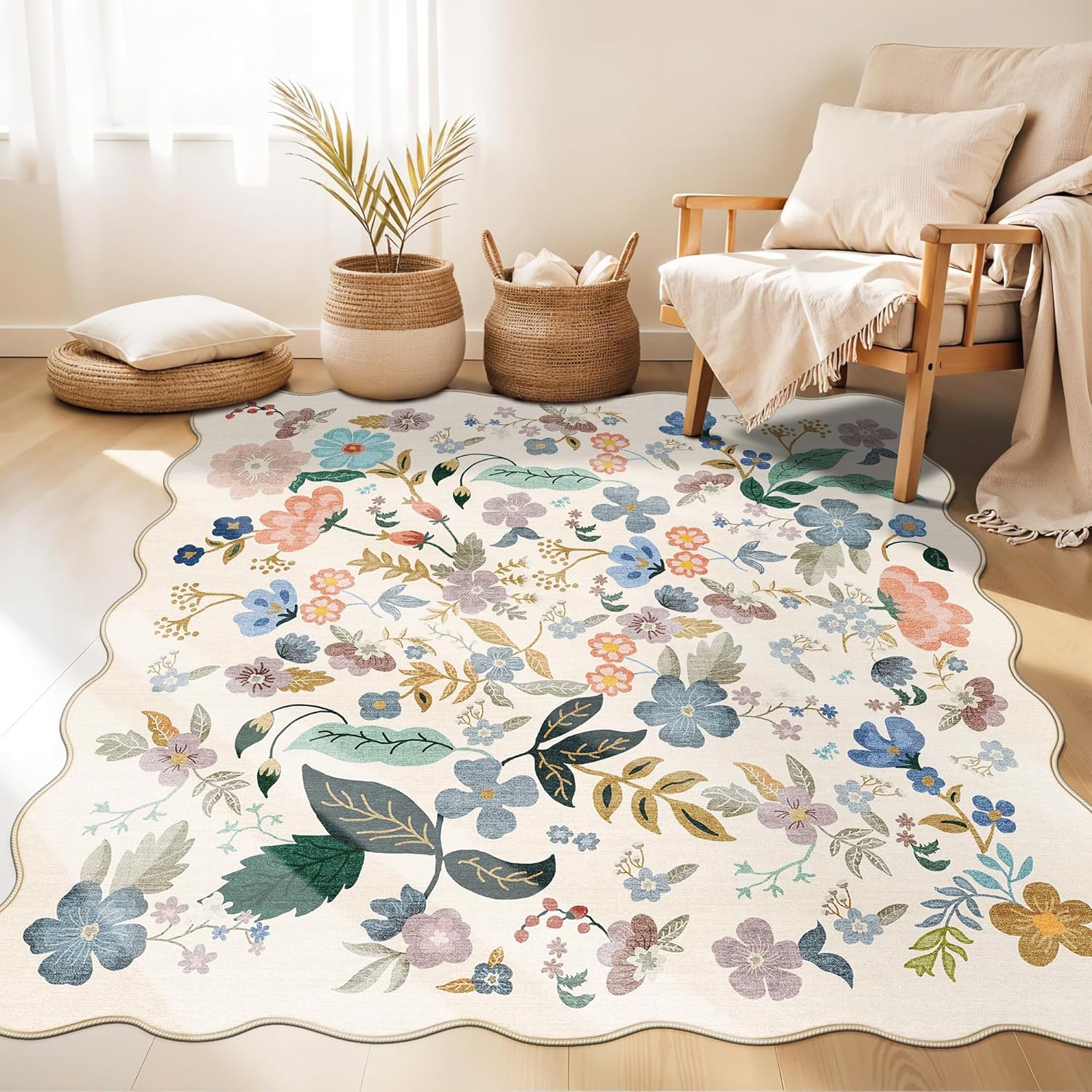 Washable 2x3 Entryway Area Rug - Neutral Kitchen Rug Runner Vintage Soft Floor Mat Non Slip Indoor Farmhouse Carpet for Bathroom Living Room Bedroom (2 X 3, Beige)