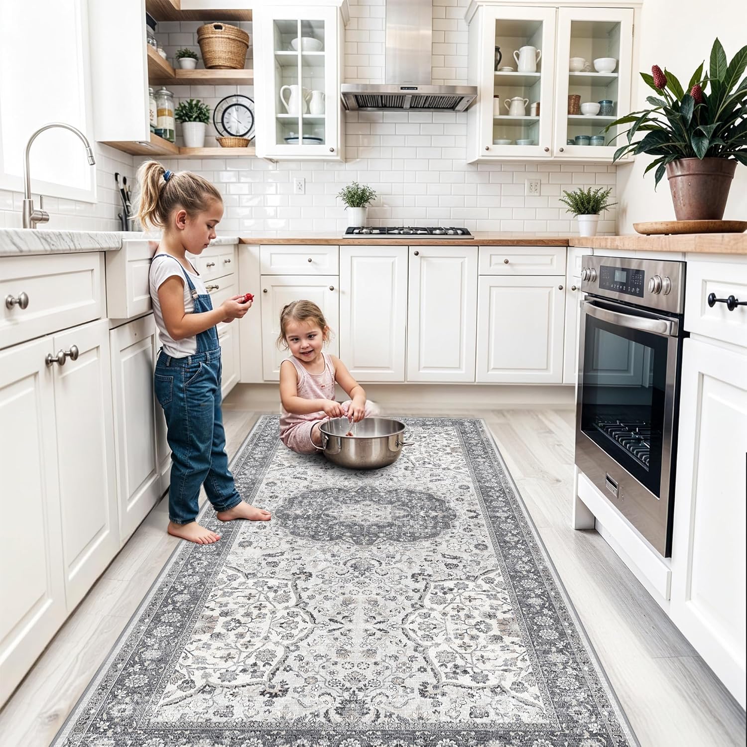 Washable 2x3 Entryway Area Rug - Neutral Kitchen Rug Runner Vintage Soft Floor Mat Non Slip Indoor Farmhouse Carpet for Bathroom Living Room Bedroom (2 X 3, Beige)