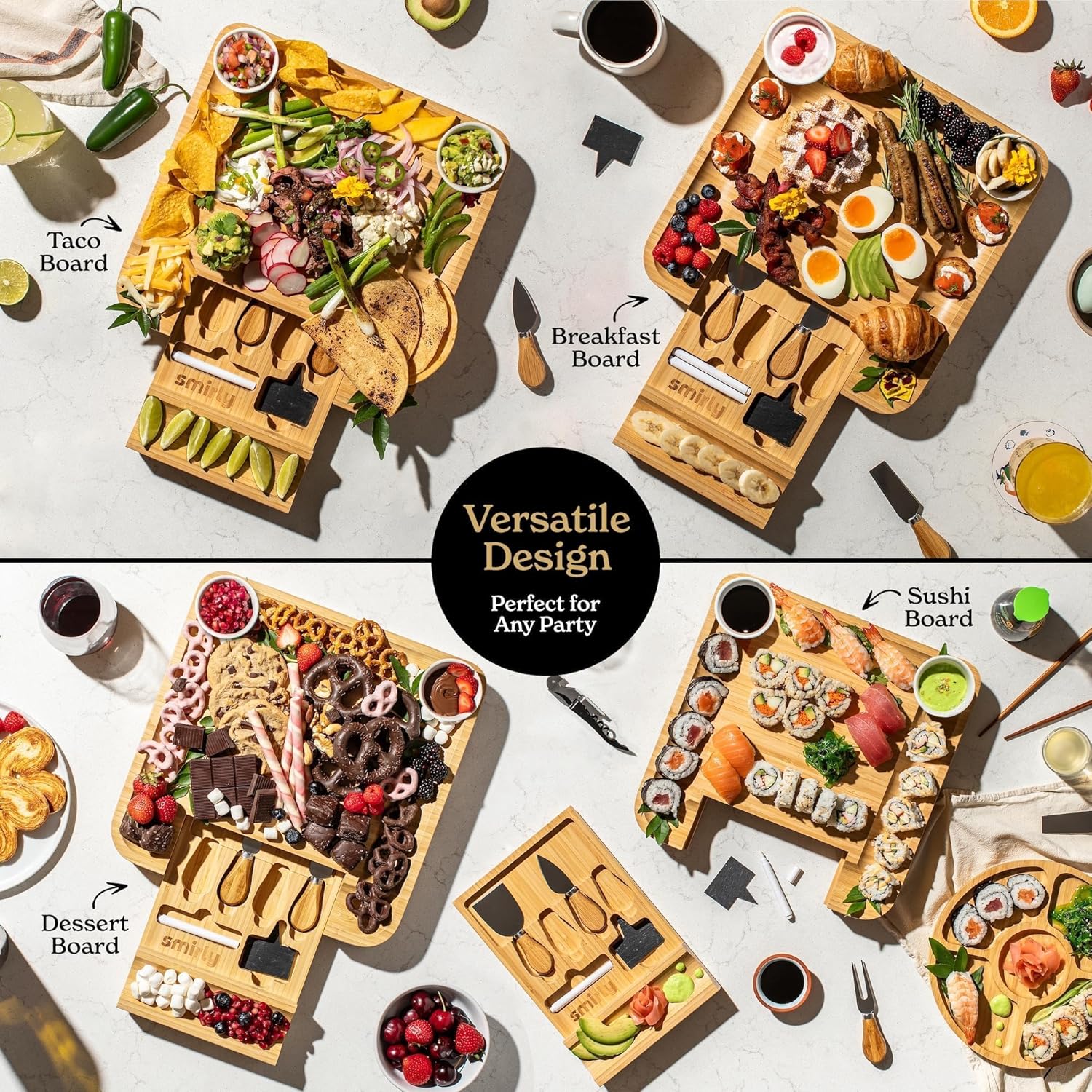 SMIRLY Charcuterie Large Bamboo Cheese Board Set for Serving - House Warming Gifts for New Home, Wedding, Bridal Shower & Birthday, for Women