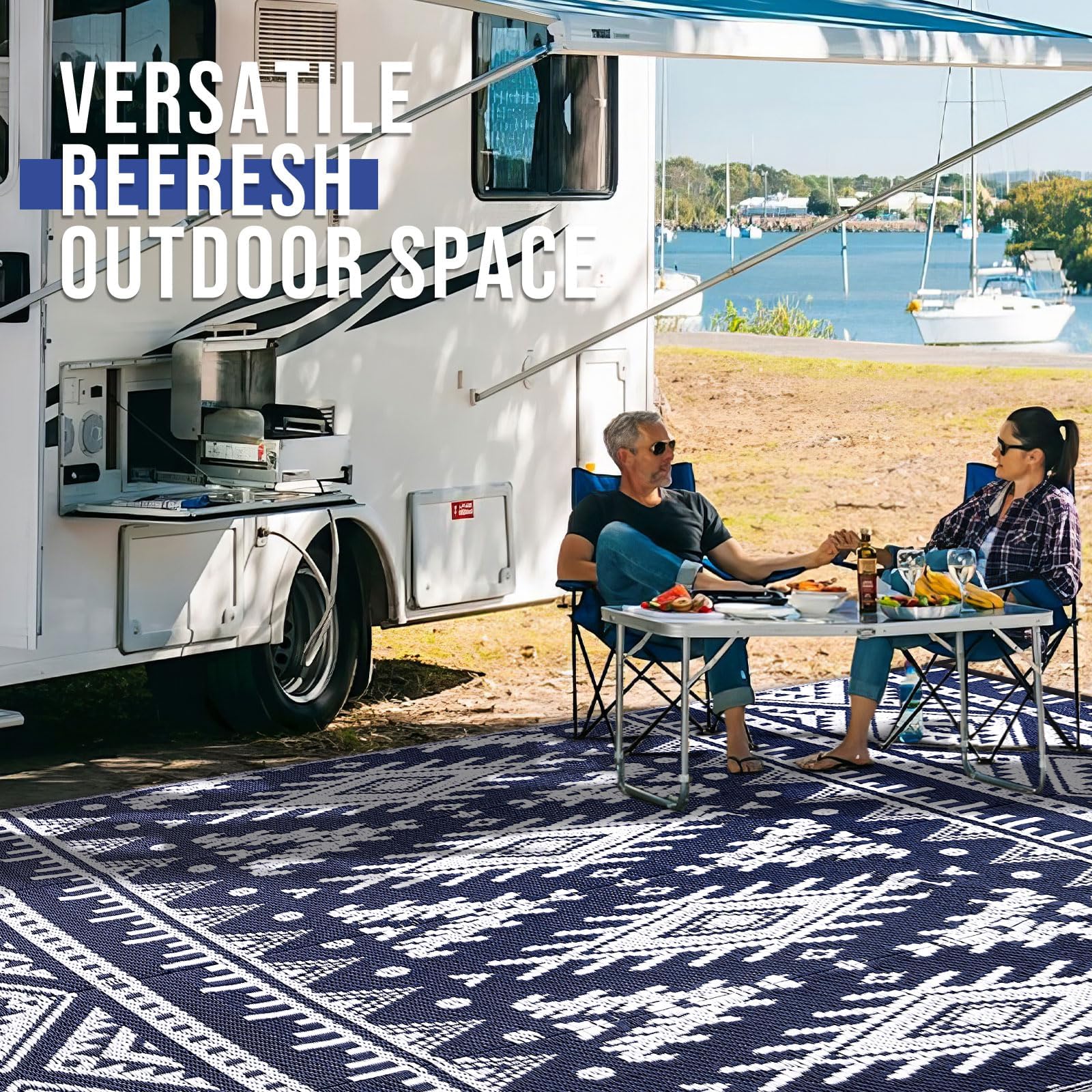OLANLY Outdoor Rug Waterproof 5x8 ft, Reversible Outdoor Plastic Straw Rug, Boho Patio Rug, Indoor Outdoor Carpet, RV Mat Outside for Patio, Camp, Picnic, Balcony, Deck, Backyard, Black & White