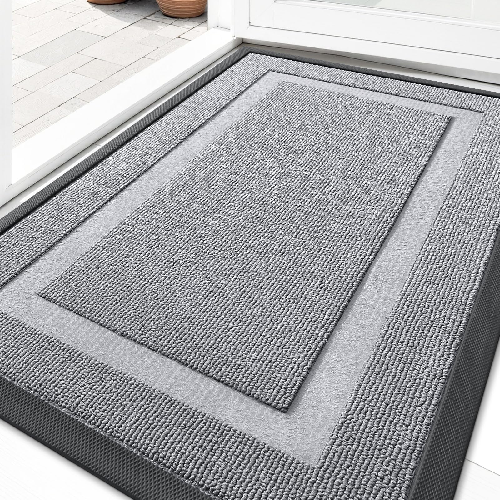 OLANLY Front Door Mat Indoor Outdoor Entrance, Waterproof All-Season, All-Weather Doormat, Sturdy Natural Rubber, Fade Resistant, Low Profile, Easy Clean Patio Porch Entryway Mat, 29.5x17, Black