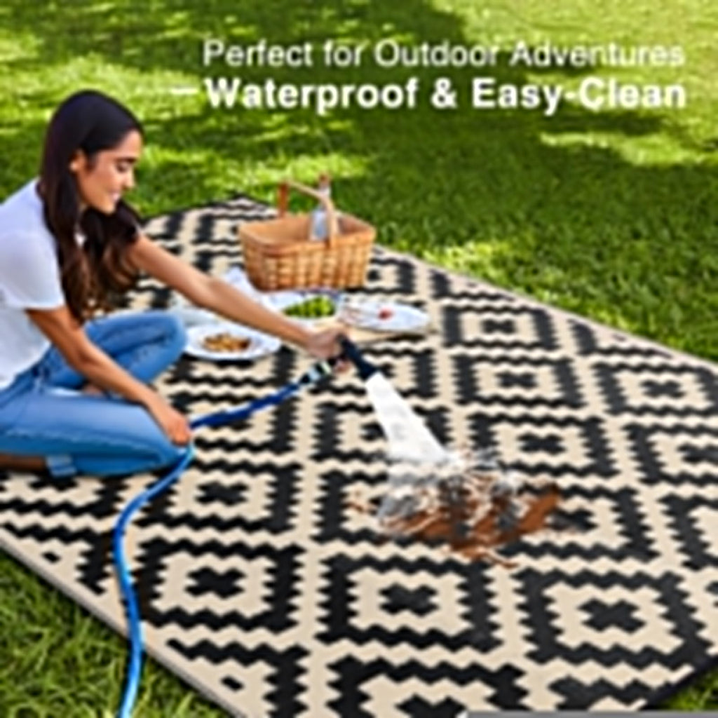 OLANLY Waterproof Outdoor Rug 5x8 ft, Outdoor Plastic Straw Rug for Camping, RV Mat Outside, Indoor Outdoor Carpet for Porch, Deck, Backyard, Balcony, Picnic, Black & White