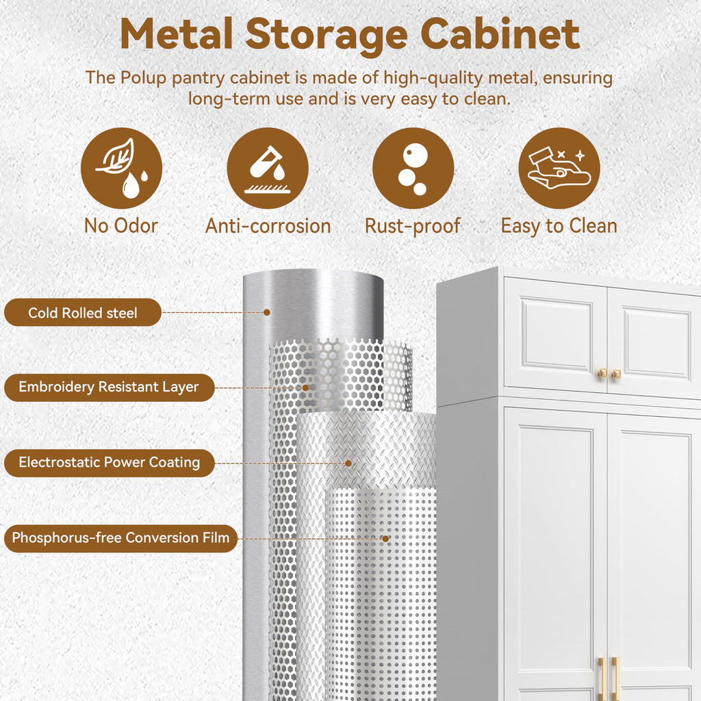 Polup White Kitchen Pantry Cabinet, 71 Inch Tall Metal Storage Cabinet with Doors and Shelves, Pantry Cabinets for Kitchen Storage, Freestanding Cupboard for Living, Dining Room, Assemble Required