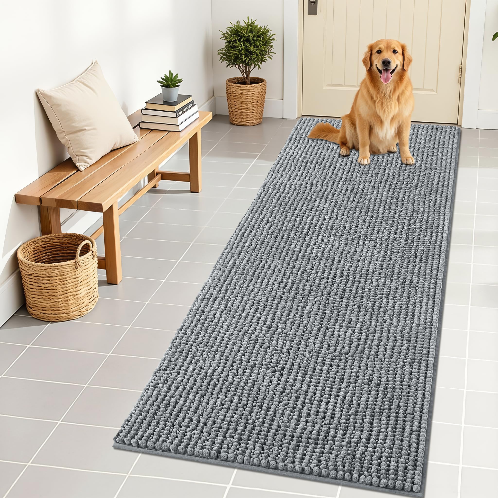 OLANLY Dog Door Mat for Muddy Paws 30x20, Ultra Absorbent Chenille Mud Doormat, Non-Slip Washable and Dirt Trapping Doormat for Indoor Entryway, Quick-Dry Indoor Pet Bed Mats for Dogs, Grey