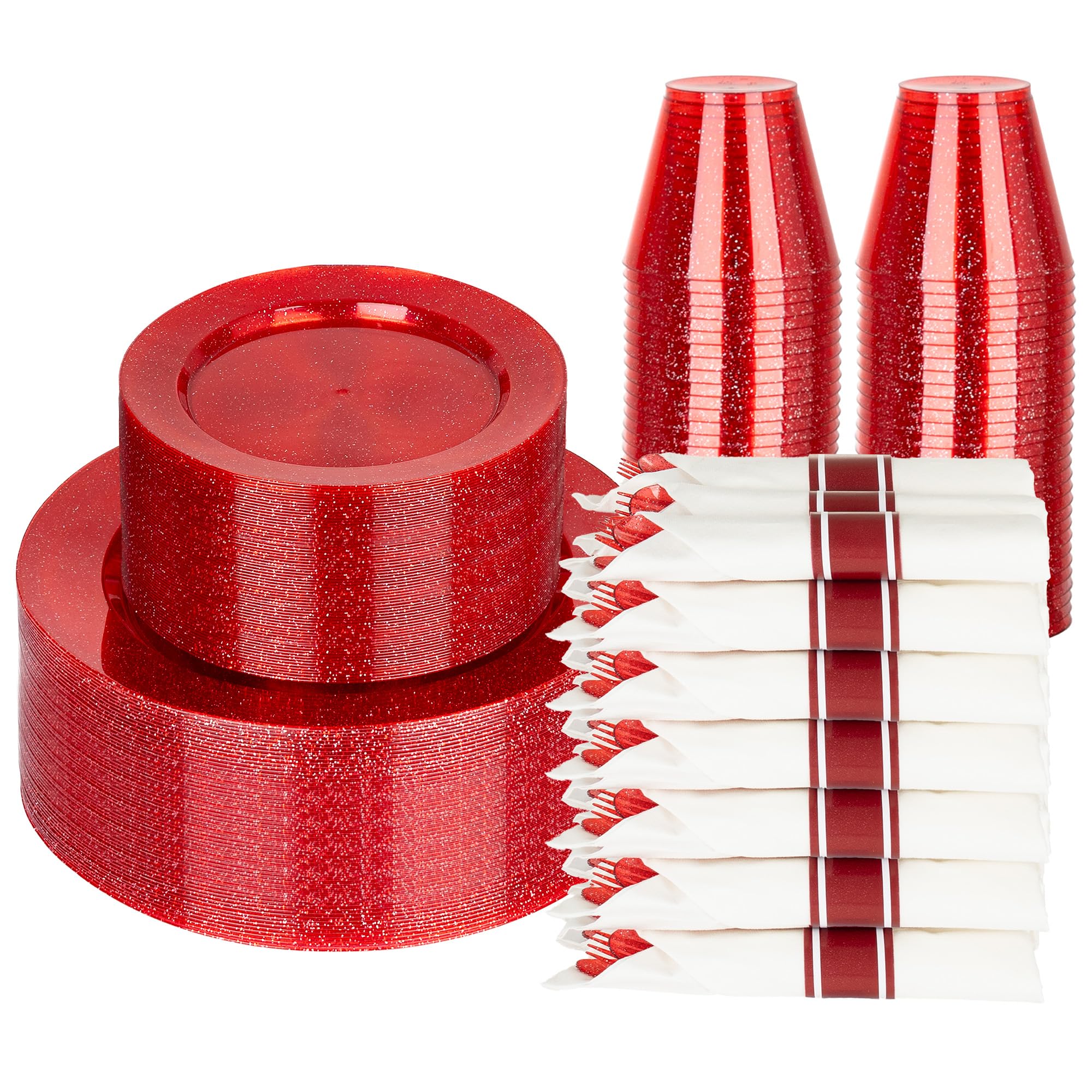 DaYammi 350PCS Gold Plastic Dinnerware Set for 50 Guests, Fancy Disposable Plates for Party, Include: 50 Dinner Plates, 50 Dessert Plates, 50 Pre Rolled Napkins with Gold Silverware, 50 Cups
